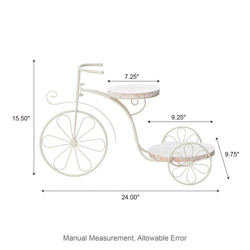 18"L Washed White Solid Wood and Metal Tricycle Planter StandTray Size: 9.25"D X 0.75"H