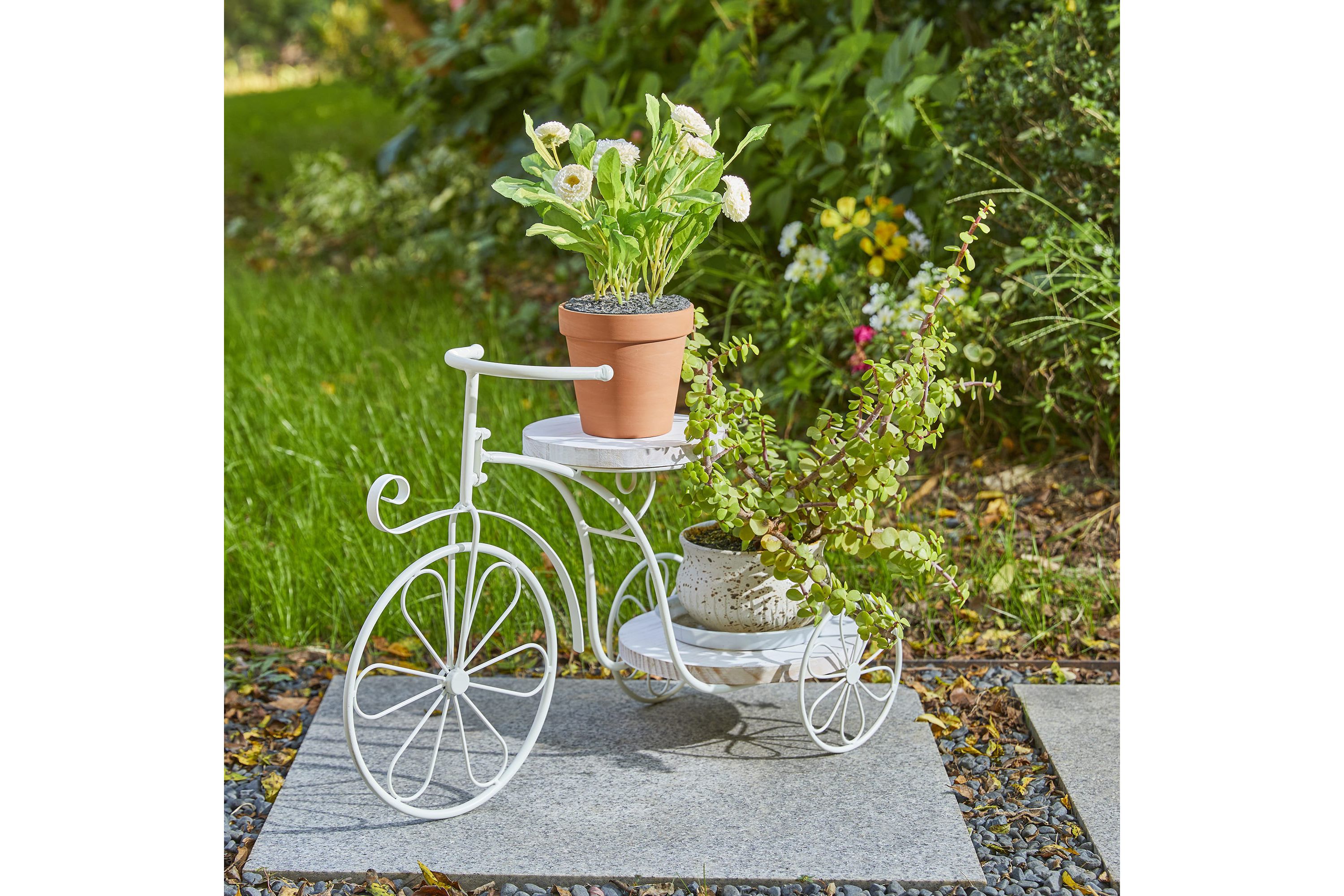 18"L Washed White Solid Wood and Metal Tricycle Planter StandTray Size: 9.25"D X 0.75"H