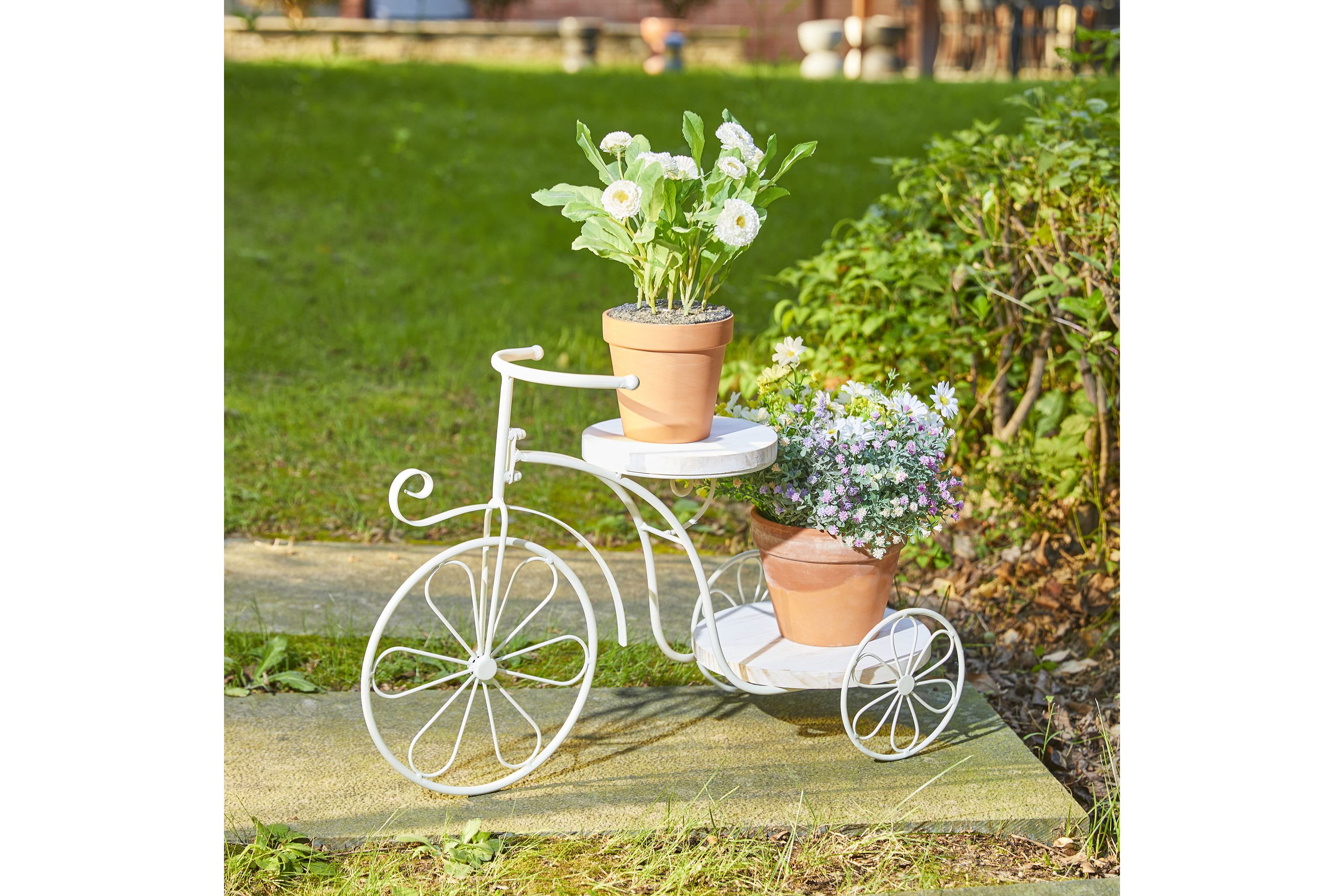 18"L Washed White Solid Wood and Metal Tricycle Planter StandTray Size: 9.25"D X 0.75"H