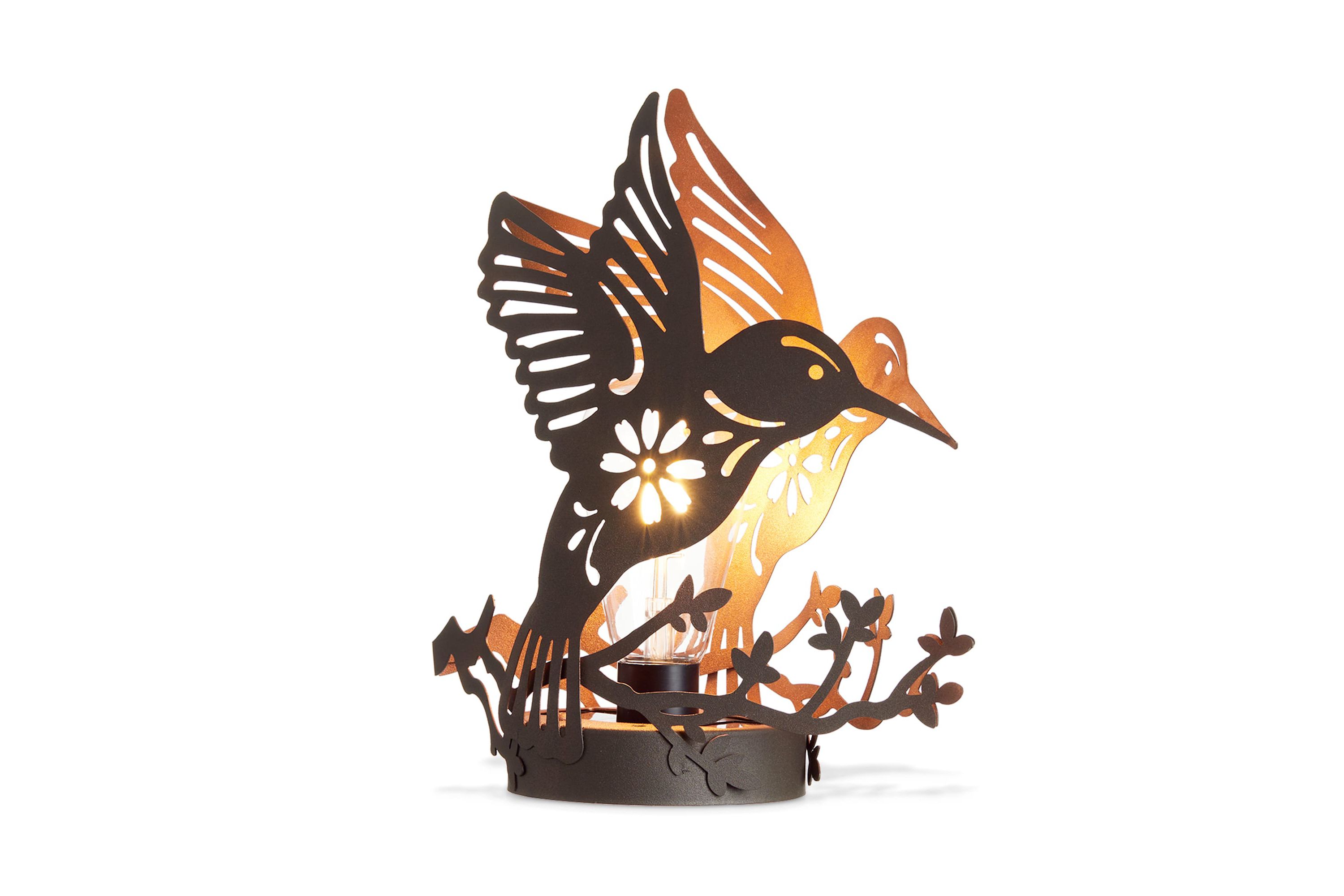 9.75"H Set of 2 Black and Gold Metal Cutout Flying Hummingbird Silhouette Solar Powered Edison Bulb Outdoor Lantern