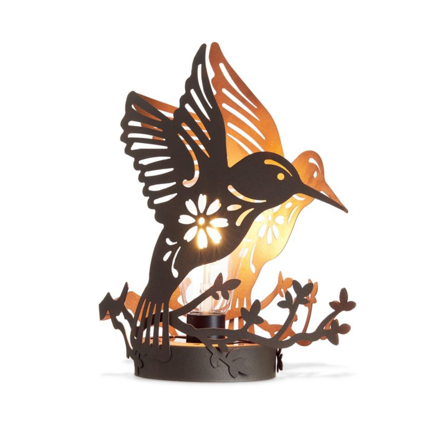 9.75"H Set of 2 Black and Gold Metal Cutout Flying Hummingbird Silhouette Solar Powered Edison Bulb Outdoor Lantern