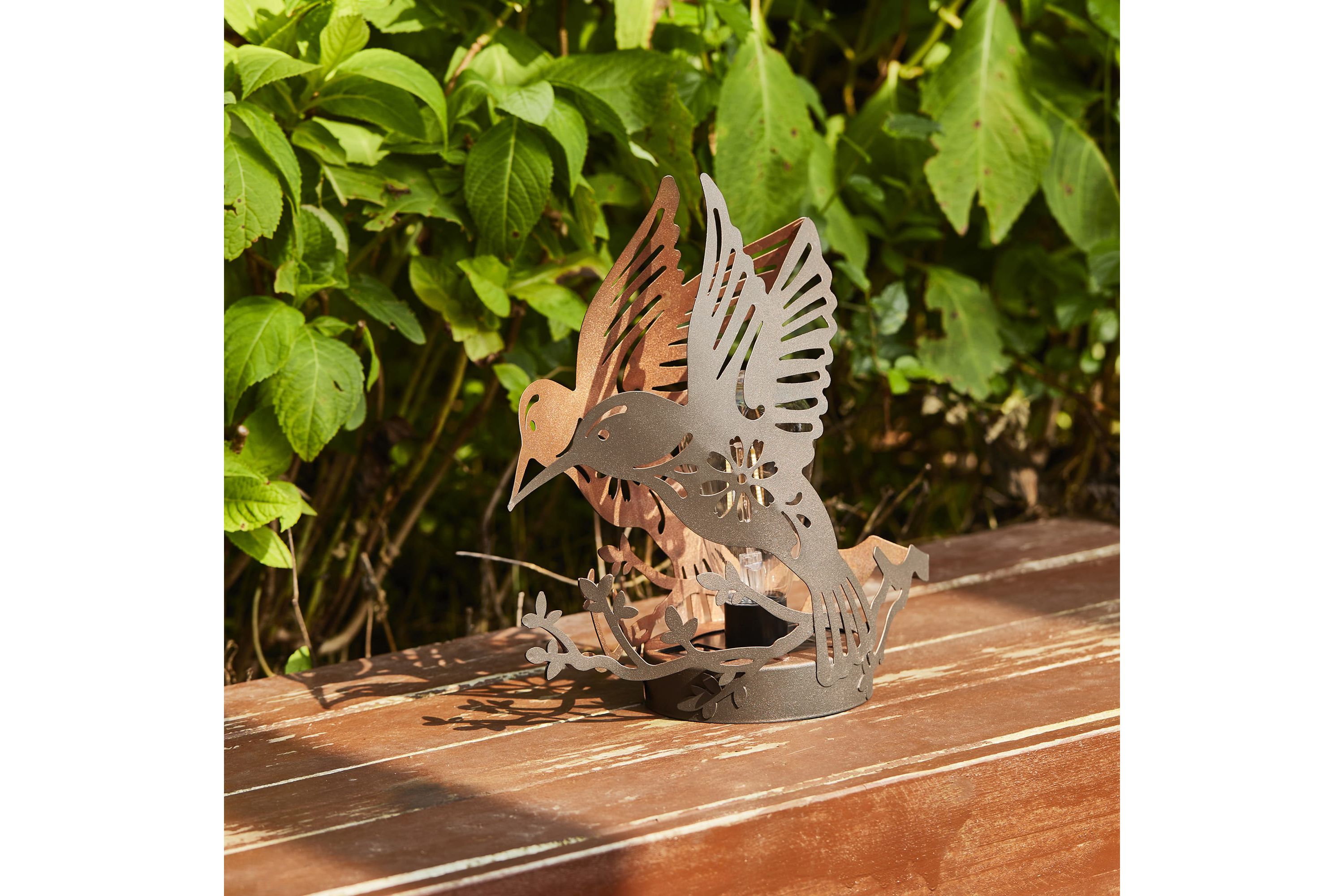 9.75"H Set of 2 Black and Gold Metal Cutout Flying Hummingbird Silhouette Solar Powered Edison Bulb Outdoor Lantern