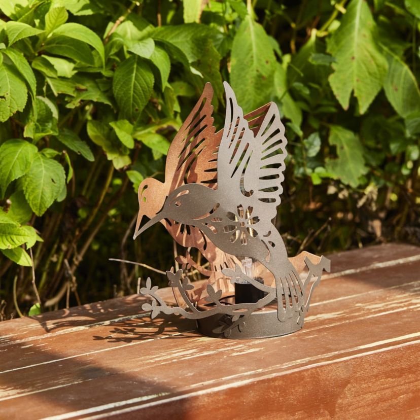 9.75"H Set of 2 Black and Gold Metal Cutout Flying Hummingbird Silhouette Solar Powered Edison Bulb Outdoor Lantern