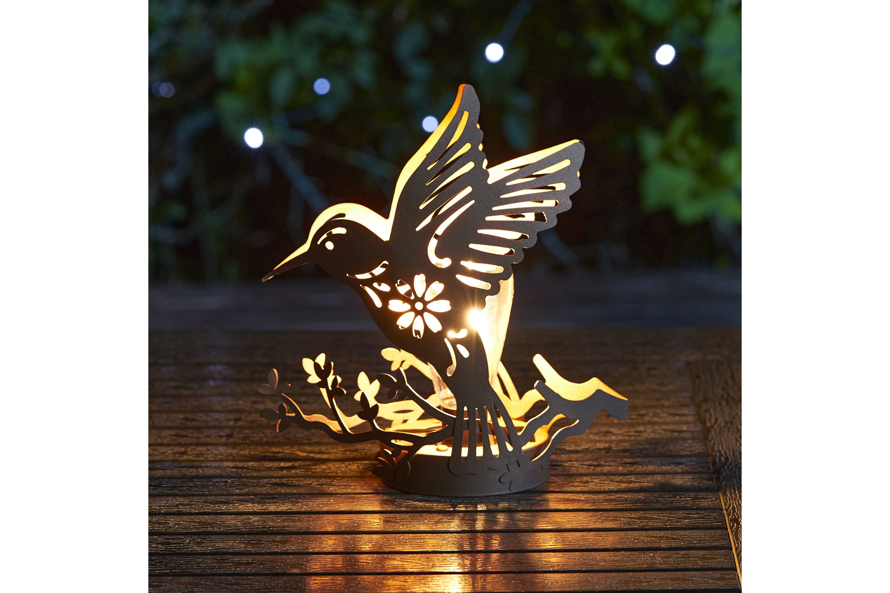 9.75"H Set of 2 Black and Gold Metal Cutout Flying Hummingbird Silhouette Solar Powered Edison Bulb Outdoor Lantern