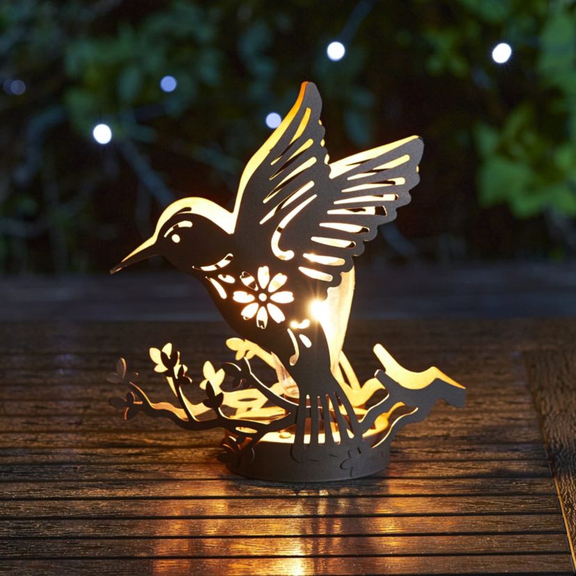 9.75"H Set of 2 Black and Gold Metal Cutout Flying Hummingbird Silhouette Solar Powered Edison Bulb Outdoor Lantern