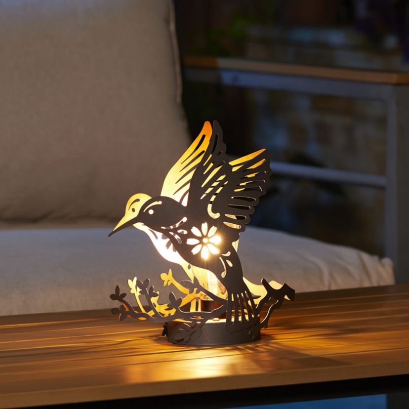 9.75"H Set of 2 Black and Gold Metal Cutout Flying Hummingbird Silhouette Solar Powered Edison Bulb Outdoor Lantern