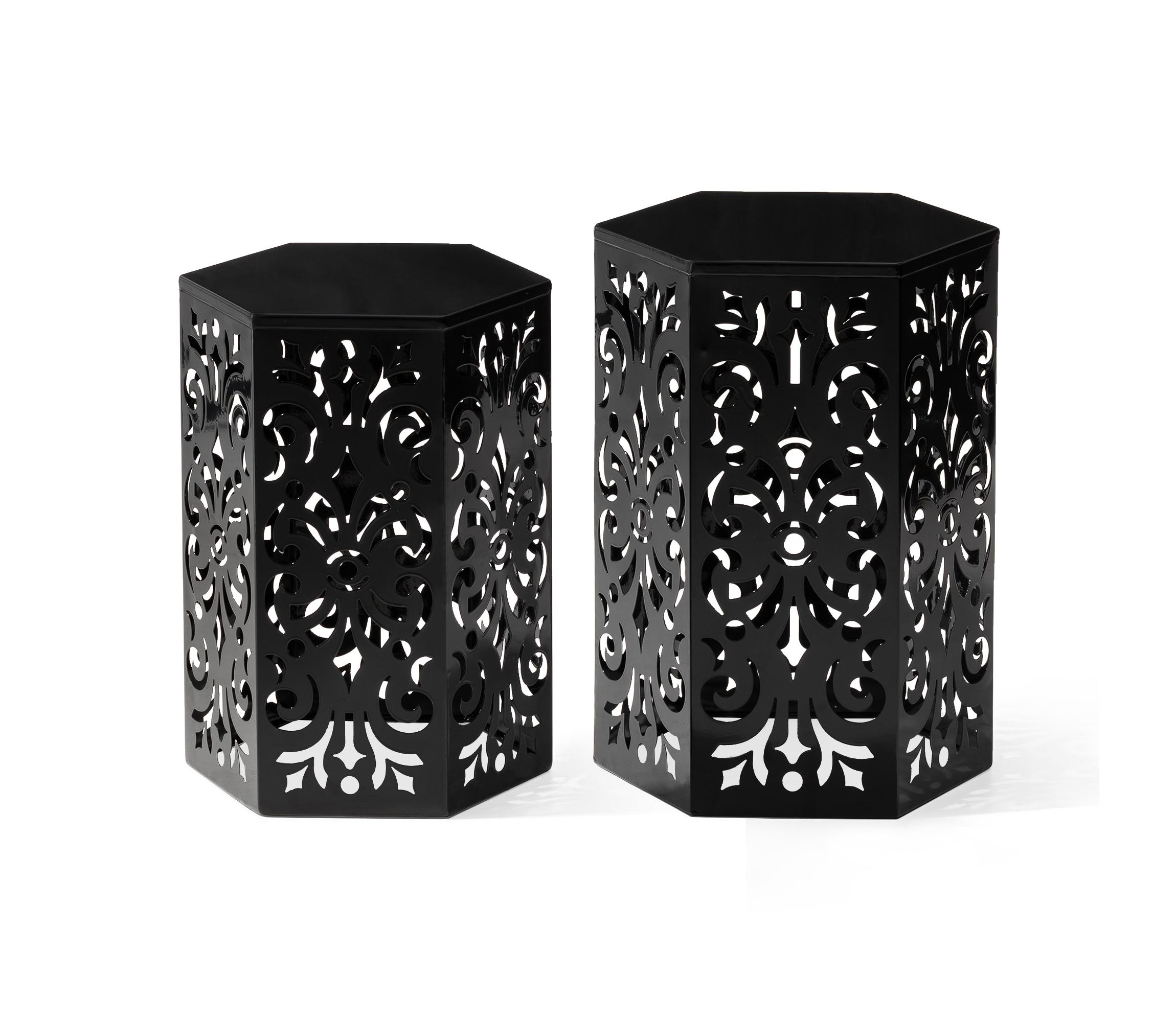 Multi-Functional Set of 2 Black Iron Cutout Floral Pattern Hexagonal Garden Stools or Planter Stand or Accent Table or Side TableL:14.00L X 14.00W X 19.25"H      S:12.00L X 12.00W X 16.50"H