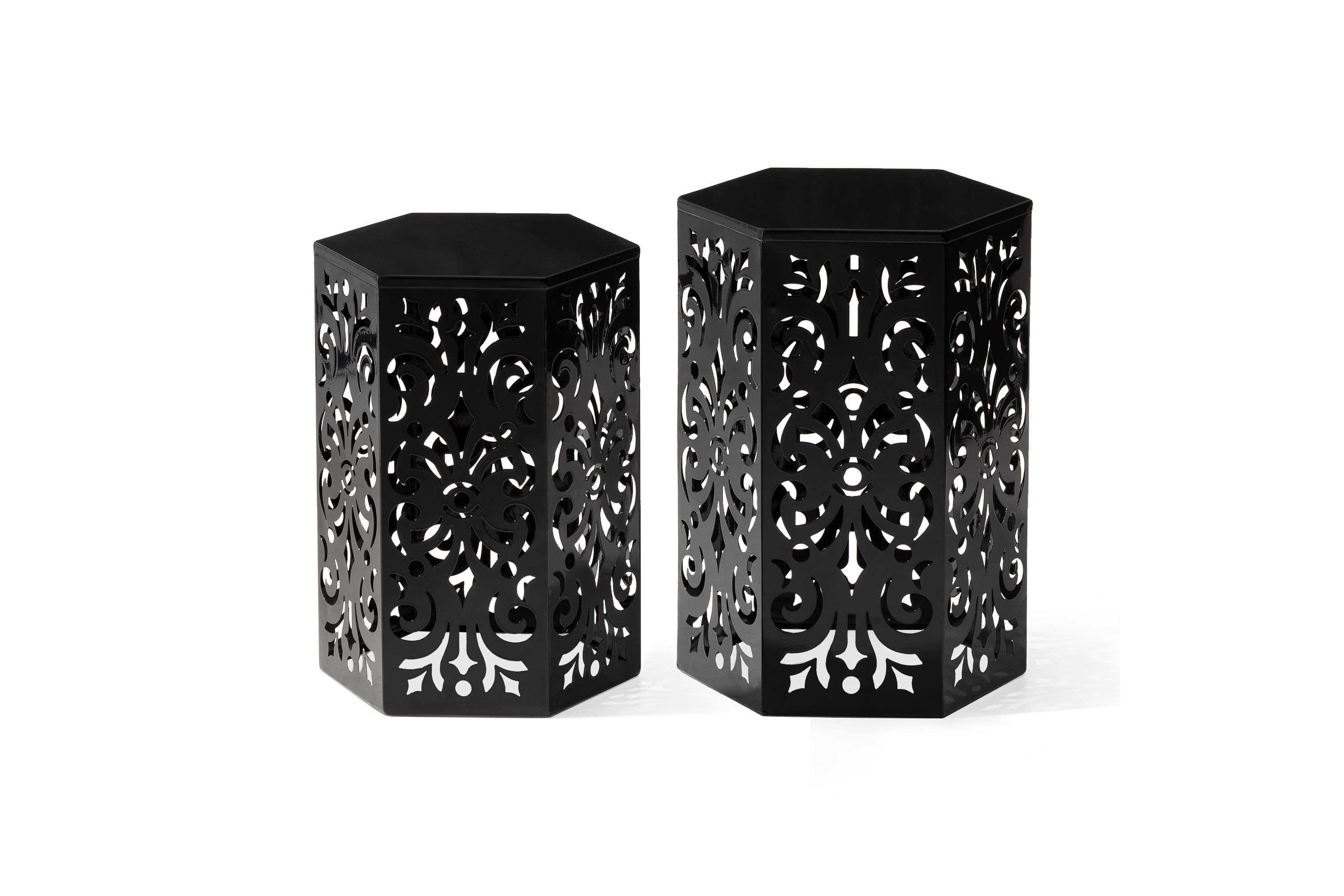 Multi-Functional Set of 2 Black Iron Cutout Floral Pattern Hexagonal Garden Stools or Planter Stand or Accent Table or Side TableL:14.00L X 14.00W X 19.25"H      S:12.00L X 12.00W X 16.50"H