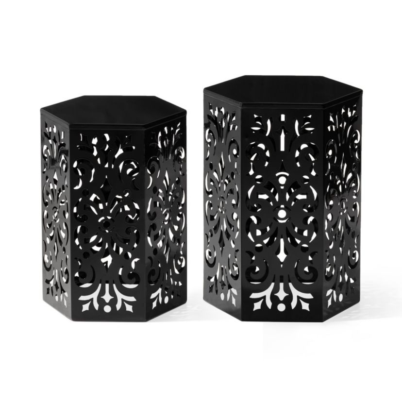 Multi-Functional Set of 2 Black Iron Cutout Floral Pattern Hexagonal Garden Stools or Planter Stand or Accent Table or Side TableL:14.00L X 14.00W X 19.25"H      S:12.00L X 12.00W X 16.50"H