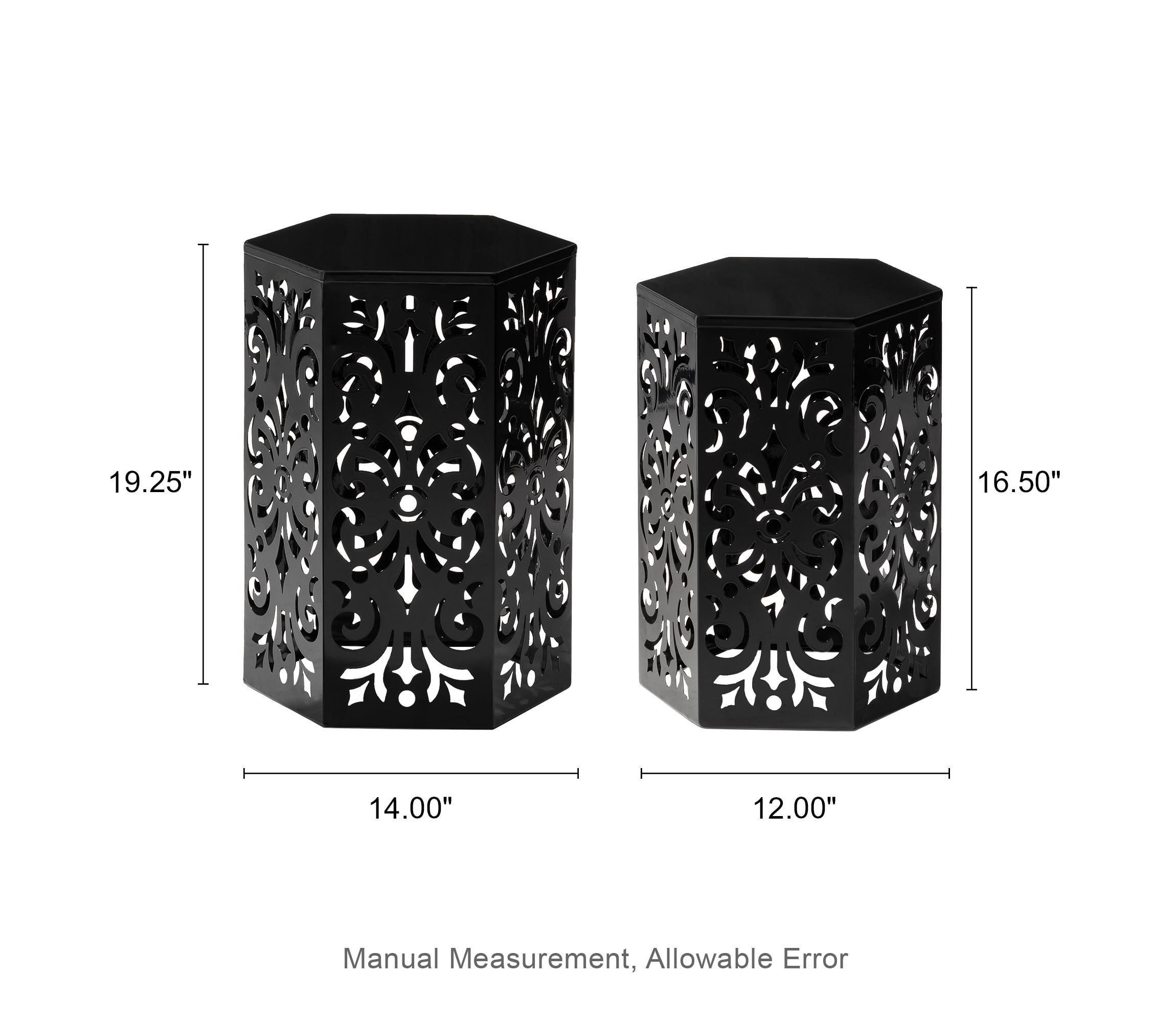 Multi-Functional Set of 2 Black Iron Cutout Floral Pattern Hexagonal Garden Stools or Planter Stand or Accent Table or Side TableL:14.00L X 14.00W X 19.25"H      S:12.00L X 12.00W X 16.50"H