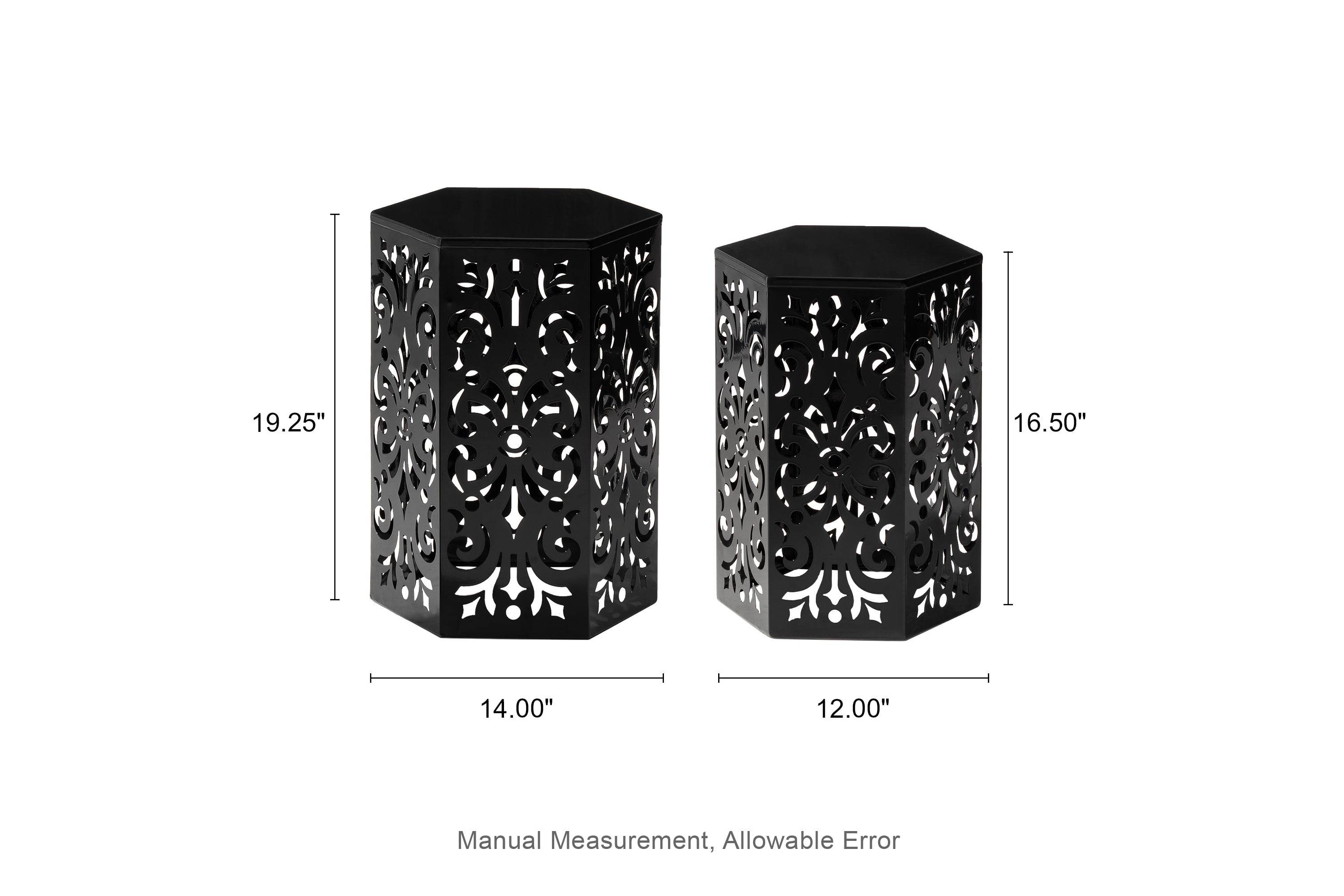 Multi-Functional Set of 2 Black Iron Cutout Floral Pattern Hexagonal Garden Stools or Planter Stand or Accent Table or Side TableL:14.00L X 14.00W X 19.25"H      S:12.00L X 12.00W X 16.50"H