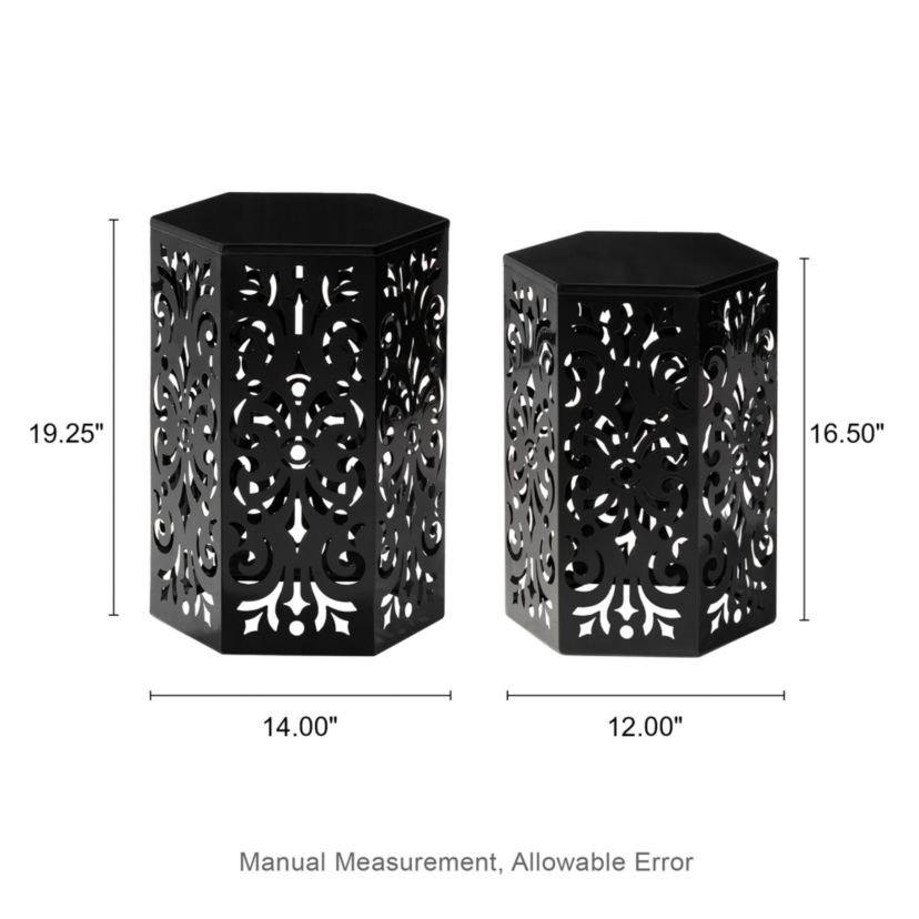 Multi-Functional Set of 2 Black Iron Cutout Floral Pattern Hexagonal Garden Stools or Planter Stand or Accent Table or Side TableL:14.00L X 14.00W X 19.25"H      S:12.00L X 12.00W X 16.50"H