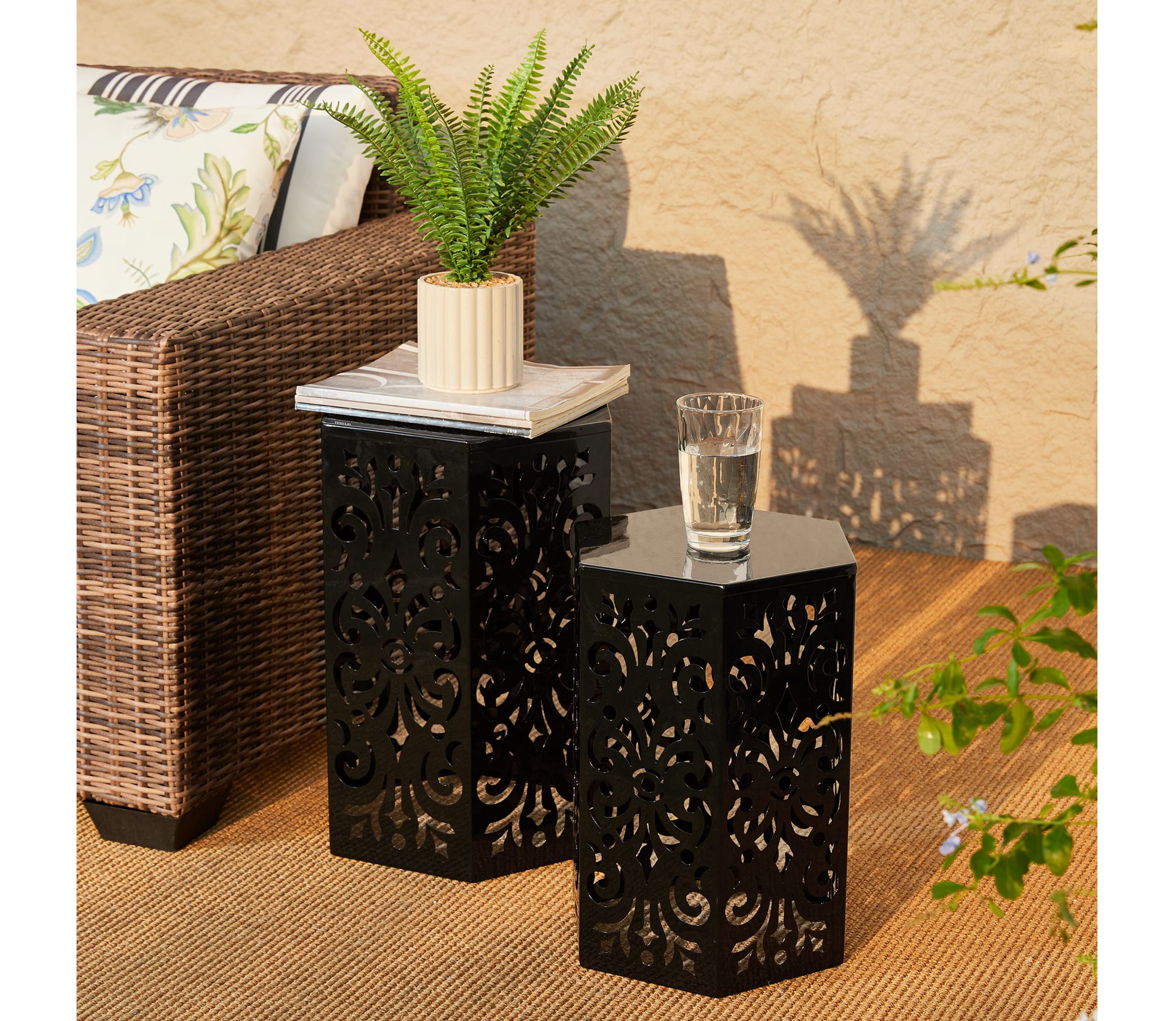 Multi-Functional Set of 2 Black Iron Cutout Floral Pattern Hexagonal Garden Stools or Planter Stand or Accent Table or Side TableL:14.00L X 14.00W X 19.25"H      S:12.00L X 12.00W X 16.50"H