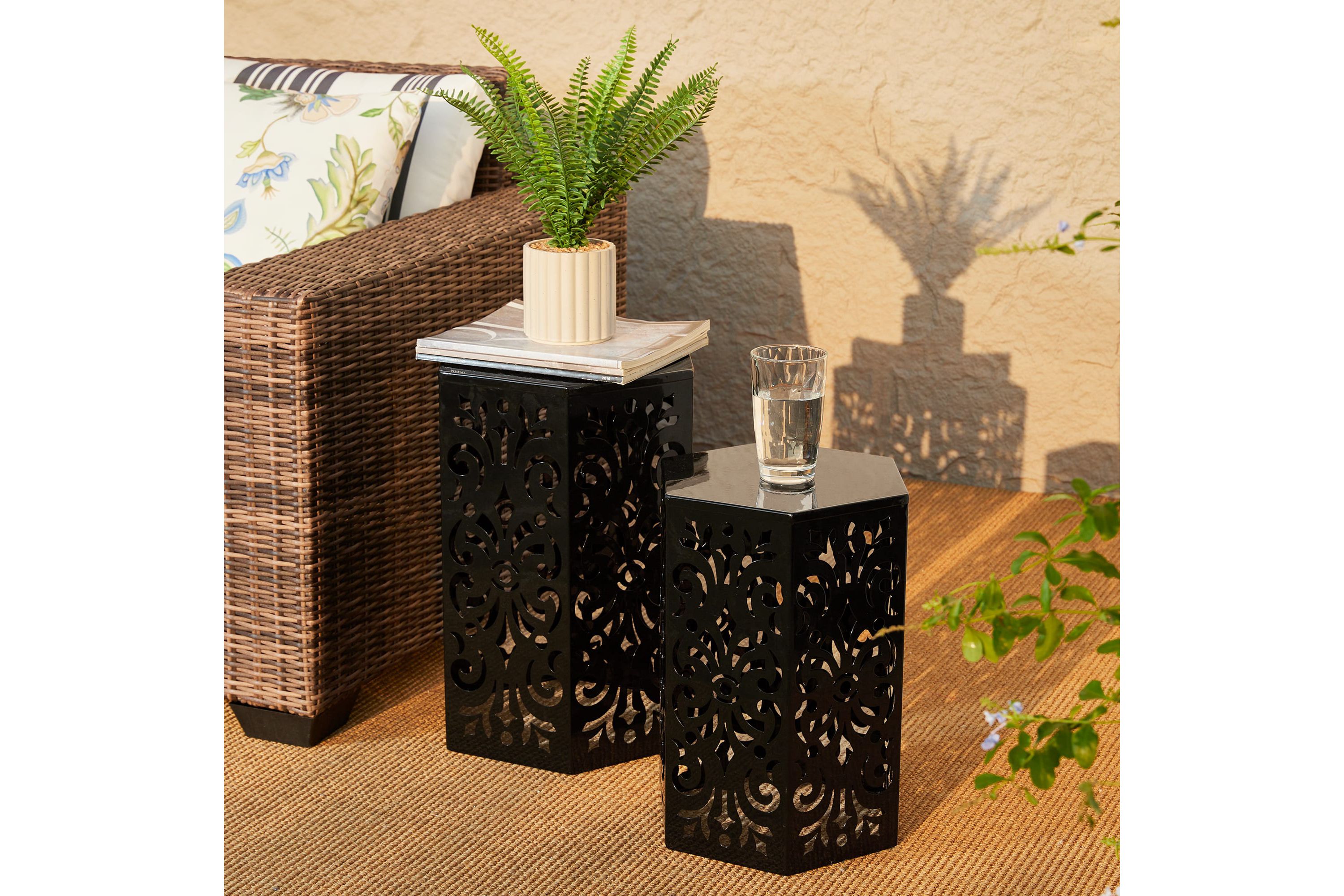 Multi-Functional Set of 2 Black Iron Cutout Floral Pattern Hexagonal Garden Stools or Planter Stand or Accent Table or Side TableL:14.00L X 14.00W X 19.25"H      S:12.00L X 12.00W X 16.50"H