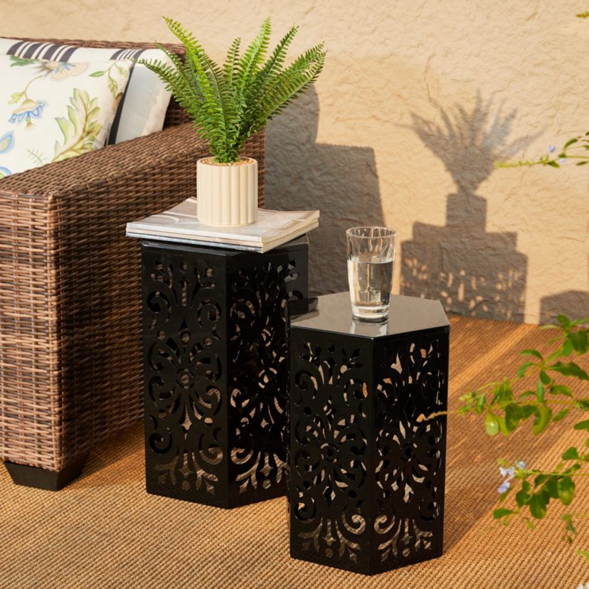 Multi-Functional Set of 2 Black Iron Cutout Floral Pattern Hexagonal Garden Stools or Planter Stand or Accent Table or Side TableL:14.00L X 14.00W X 19.25"H      S:12.00L X 12.00W X 16.50"H