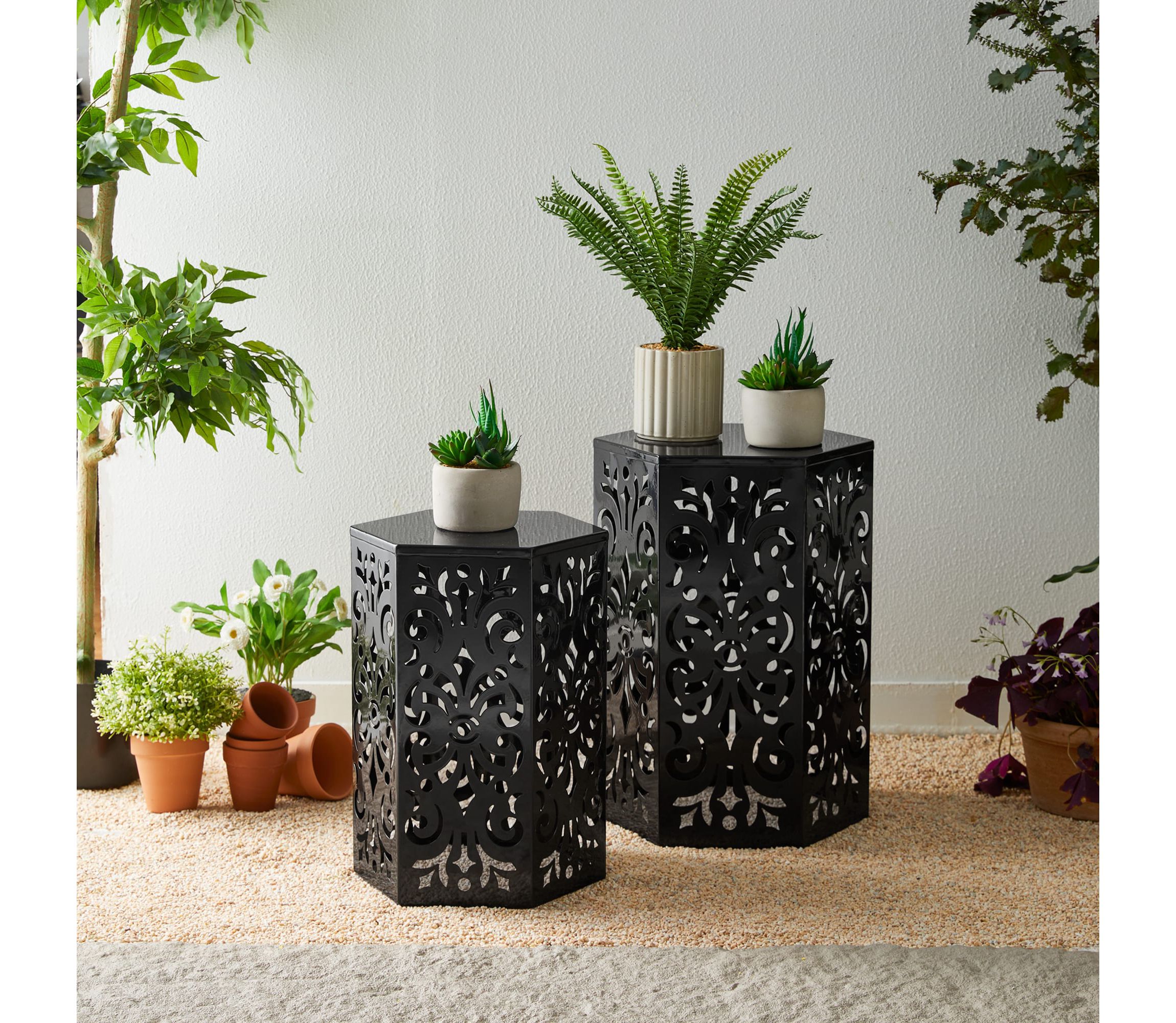 Multi-Functional Set of 2 Black Iron Cutout Floral Pattern Hexagonal Garden Stools or Planter Stand or Accent Table or Side TableL:14.00L X 14.00W X 19.25"H      S:12.00L X 12.00W X 16.50"H