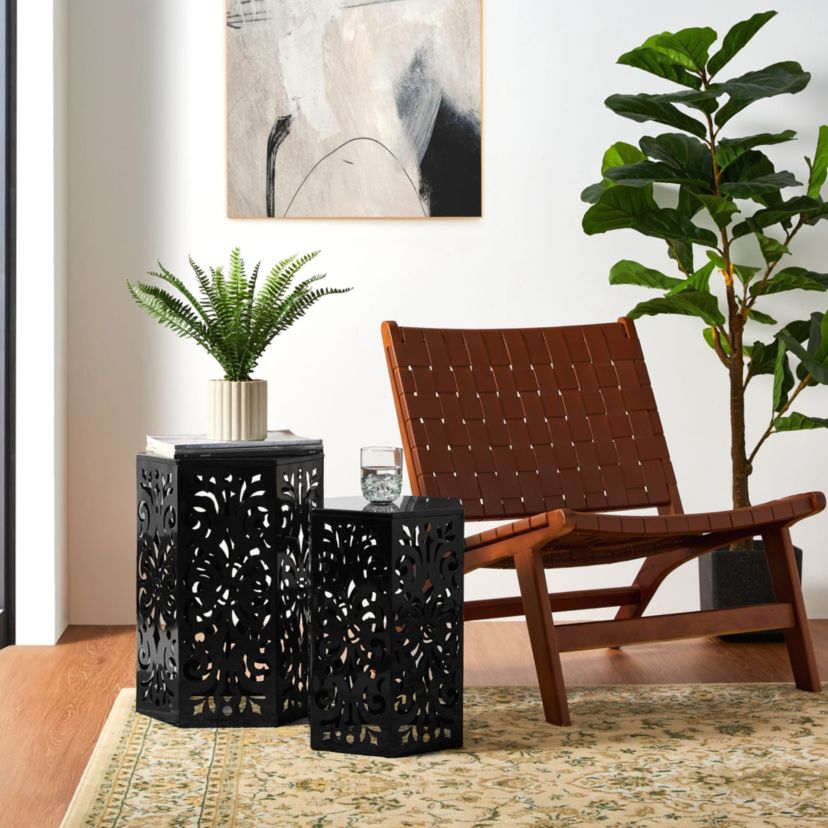 Multi-Functional Set of 2 Black Iron Cutout Floral Pattern Hexagonal Garden Stools or Planter Stand or Accent Table or Side TableL:14.00L X 14.00W X 19.25"H      S:12.00L X 12.00W X 16.50"H