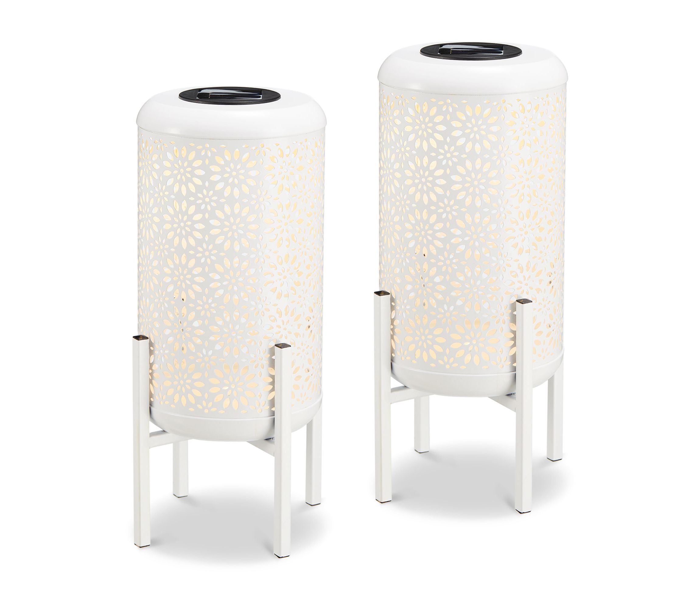 14.25"H Set of 2 White Metal Cutout Flower Pattern Solar Powered LED Outdoor Lantern with Stand