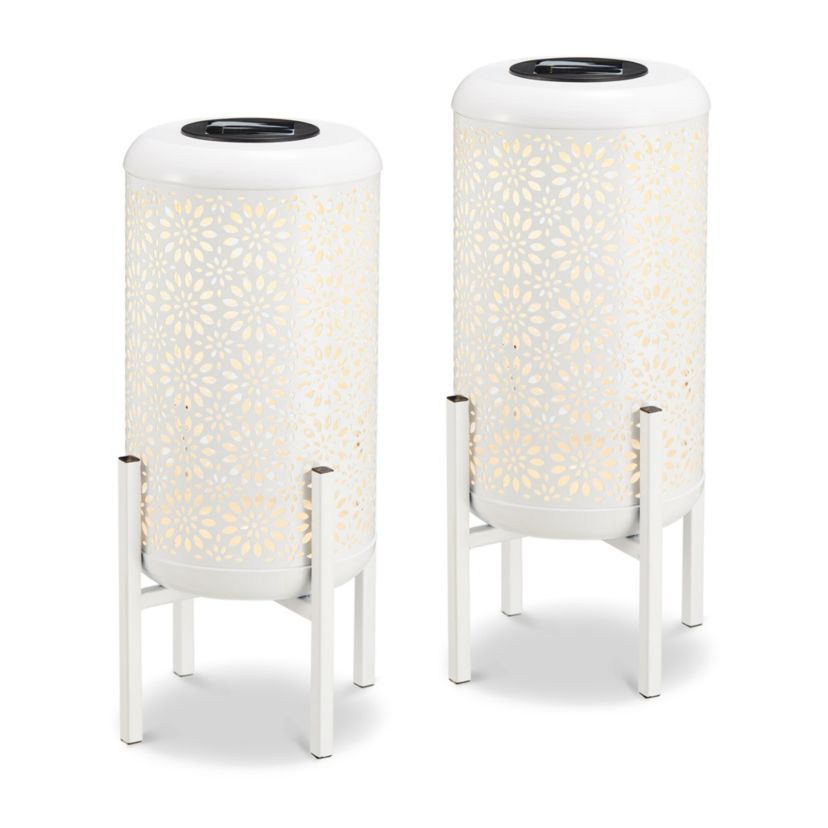14.25"H Set of 2 White Metal Cutout Flower Pattern Solar Powered LED Outdoor Lantern with Stand