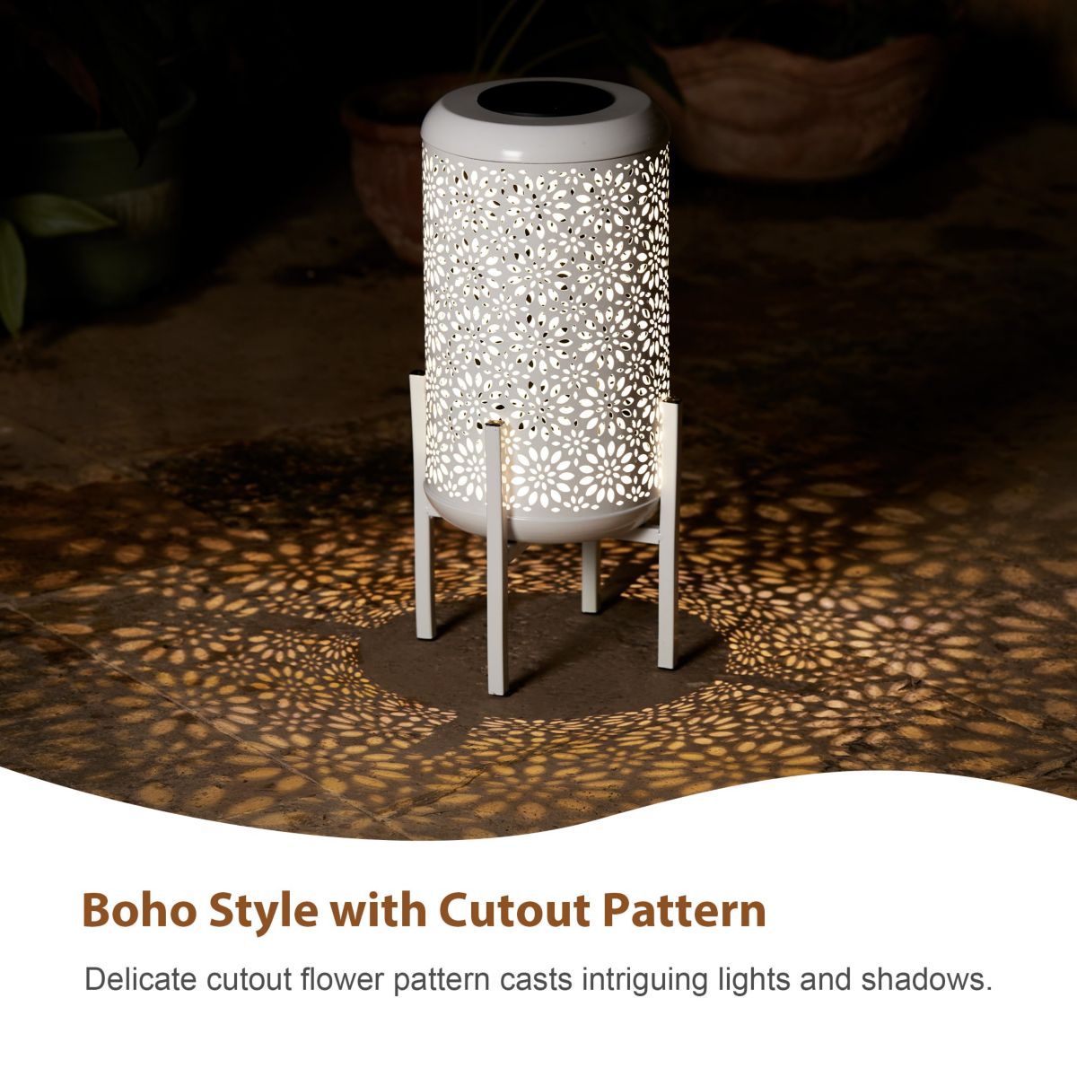 14.25"H Set of 2 White Metal Cutout Flower Pattern Solar Powered LED Outdoor Lantern with Stand