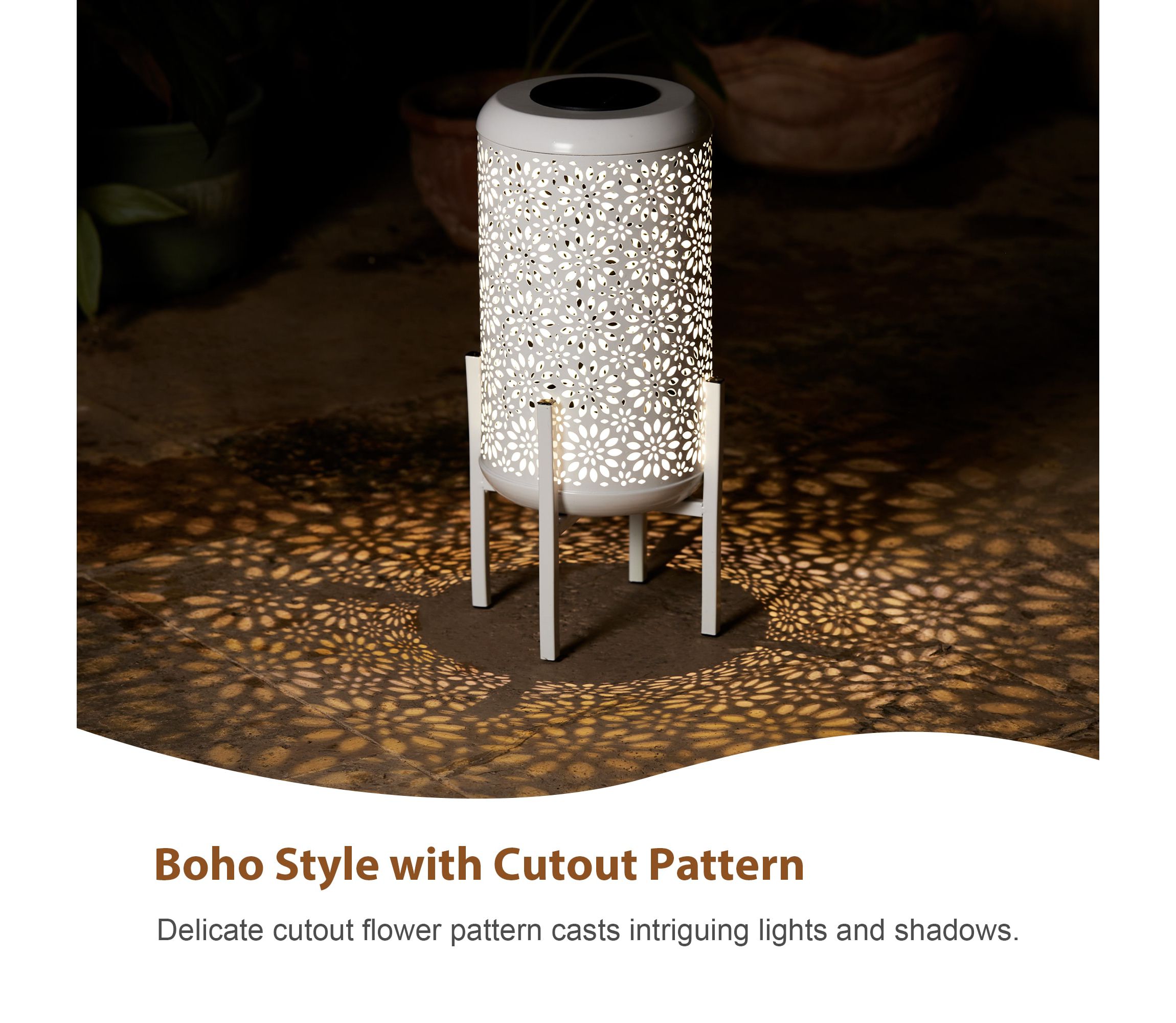 14.25"H Set of 2 White Metal Cutout Flower Pattern Solar Powered LED Outdoor Lantern with Stand