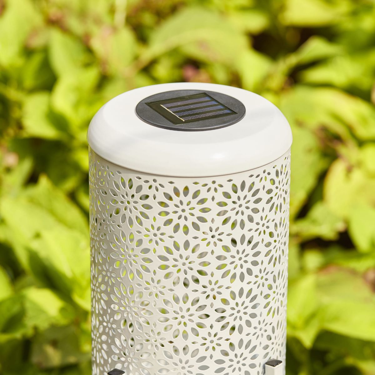 14.25"H Set of 2 White Metal Cutout Flower Pattern Solar Powered LED Outdoor Lantern with Stand