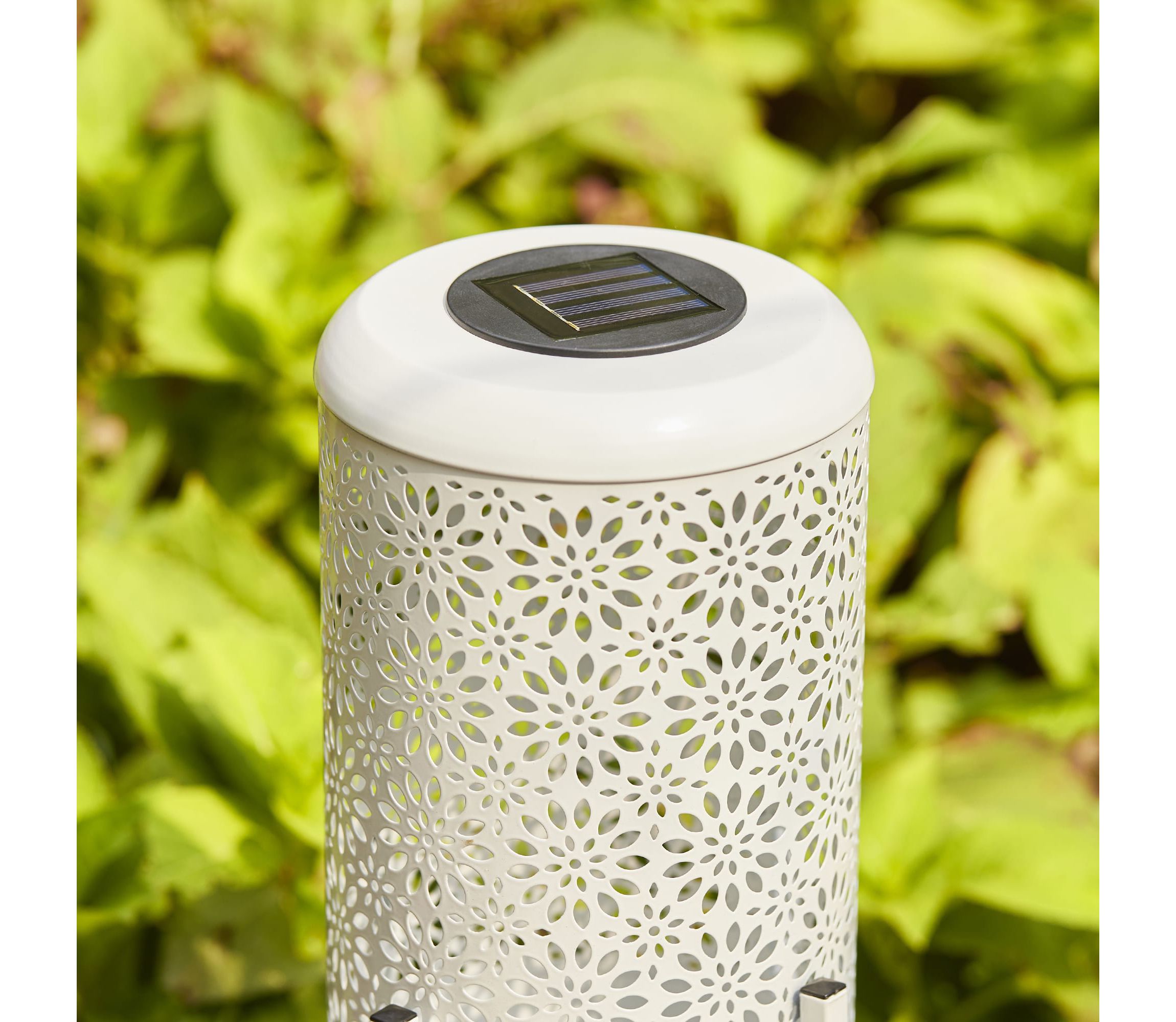 14.25"H Set of 2 White Metal Cutout Flower Pattern Solar Powered LED Outdoor Lantern with Stand