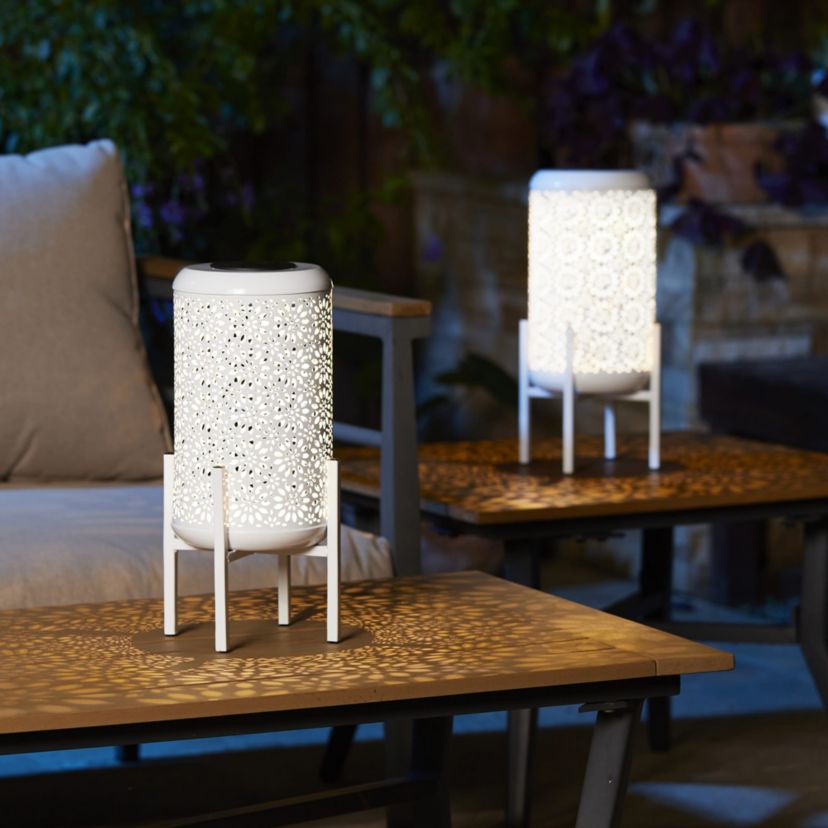 14.25"H Set of 2 White Metal Cutout Flower Pattern Solar Powered LED Outdoor Lantern with Stand
