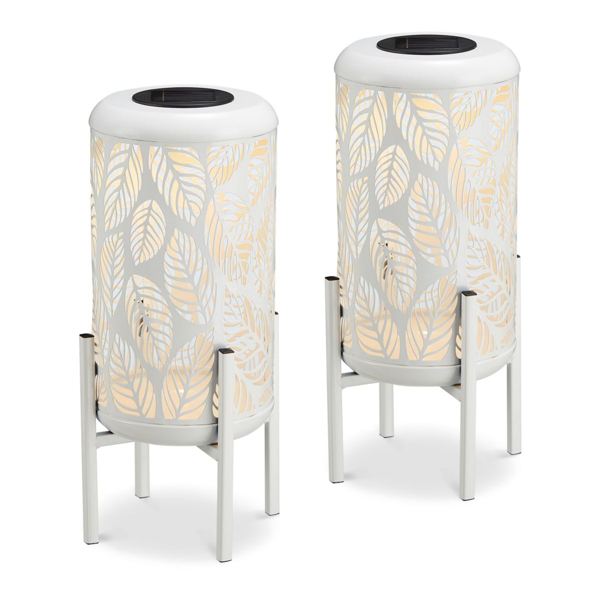 14.25"H White Metal Cutout Leaves Pattern Solar Powered LED Outdoor Lantern with Stand