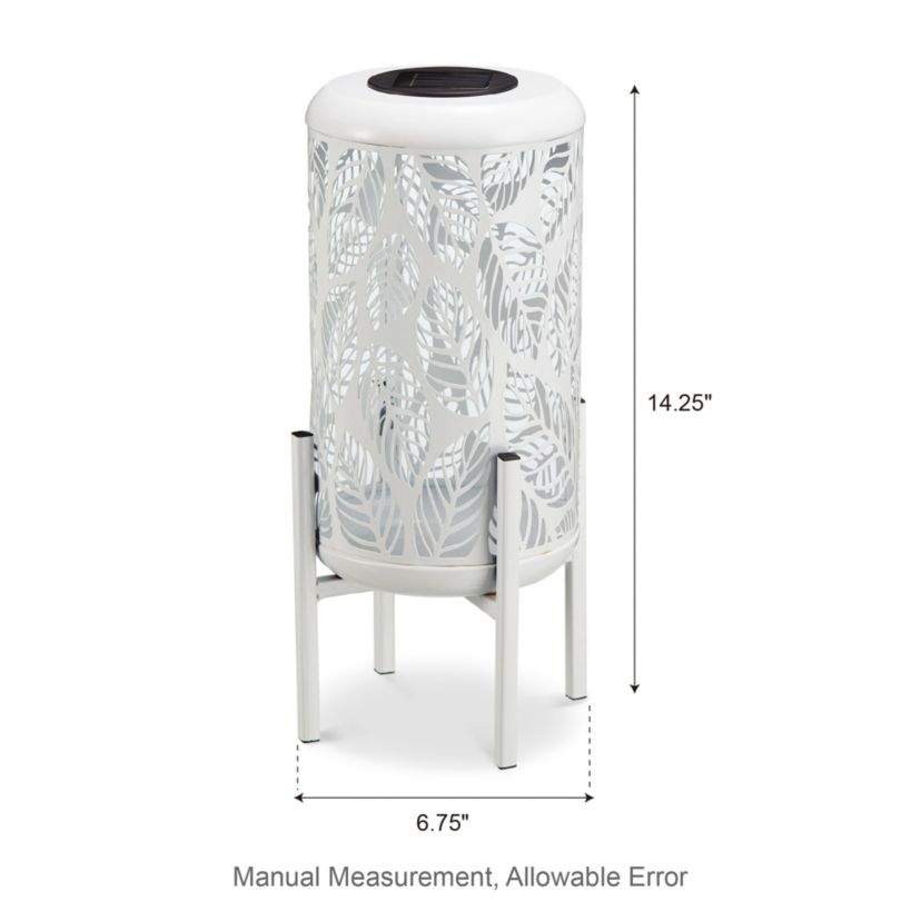 14.25"H White Metal Cutout Leaves Pattern Solar Powered LED Outdoor Lantern with Stand
