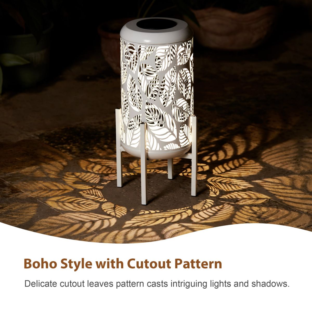 14.25"H White Metal Cutout Leaves Pattern Solar Powered LED Outdoor Lantern with Stand