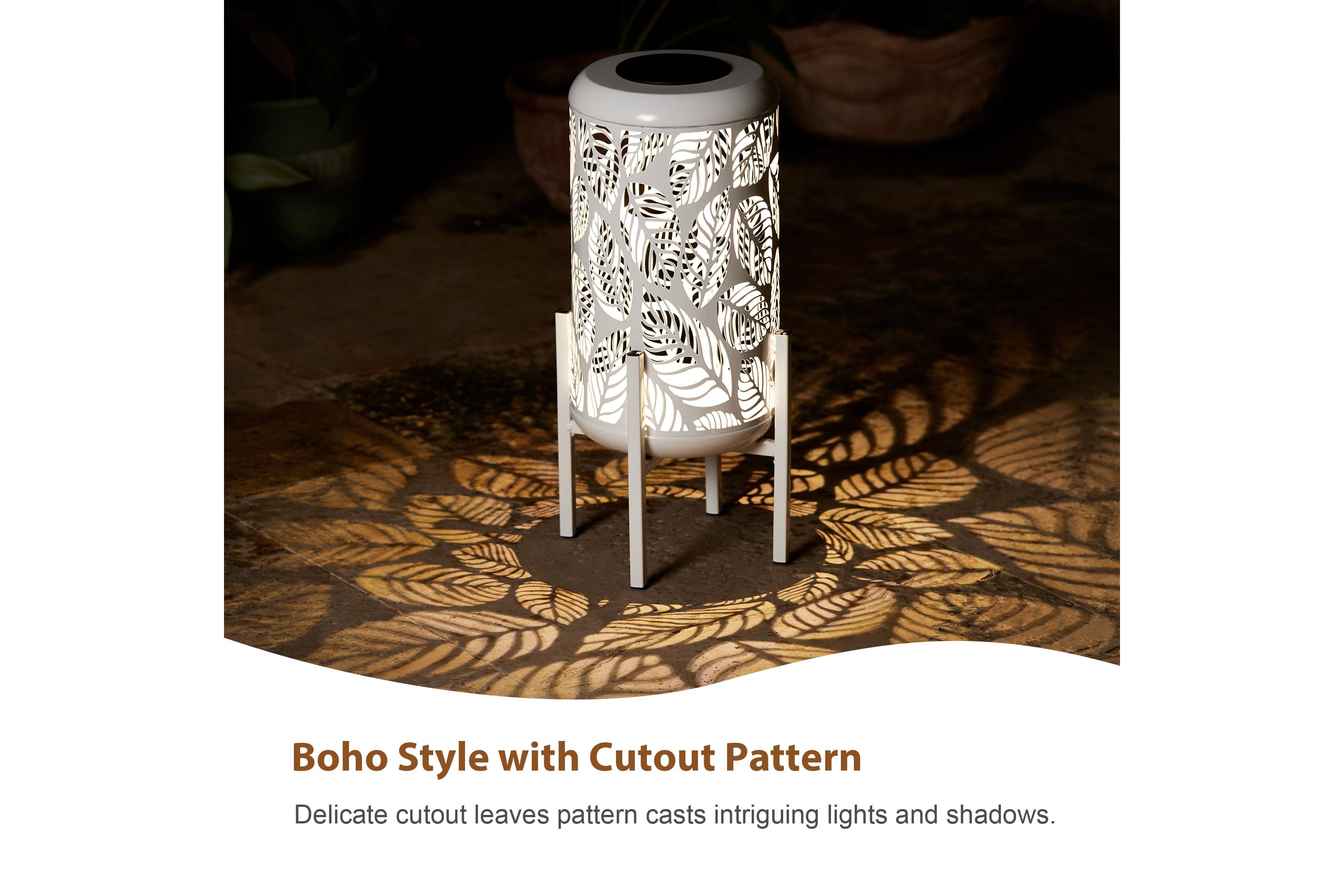 14.25"H White Metal Cutout Leaves Pattern Solar Powered LED Outdoor Lantern with Stand