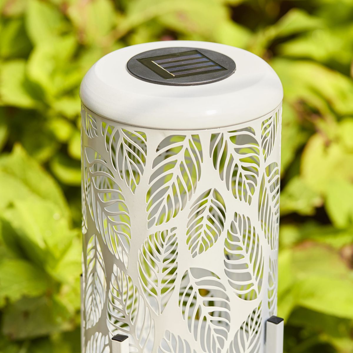 14.25"H White Metal Cutout Leaves Pattern Solar Powered LED Outdoor Lantern with Stand