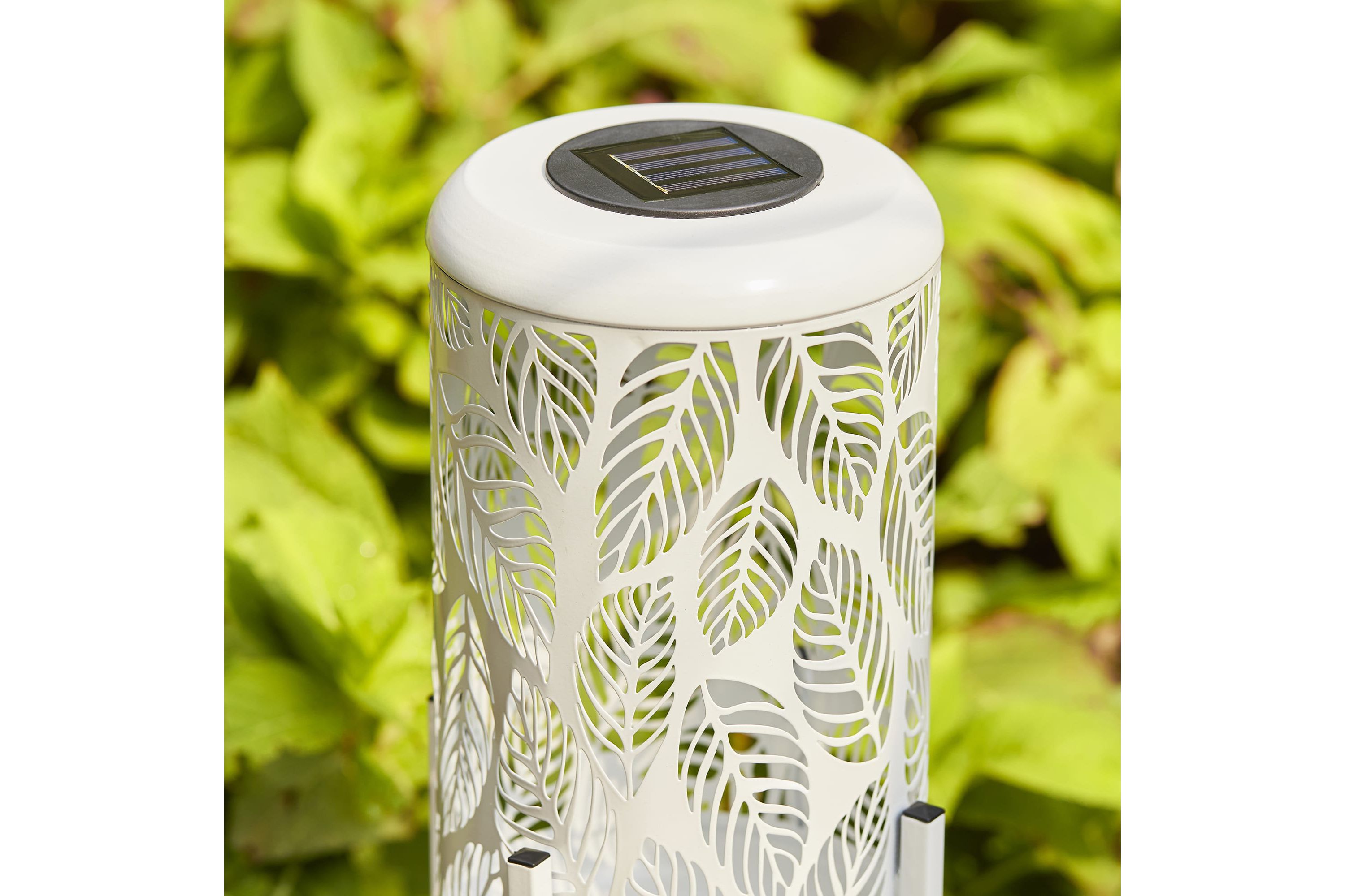 14.25"H White Metal Cutout Leaves Pattern Solar Powered LED Outdoor Lantern with Stand
