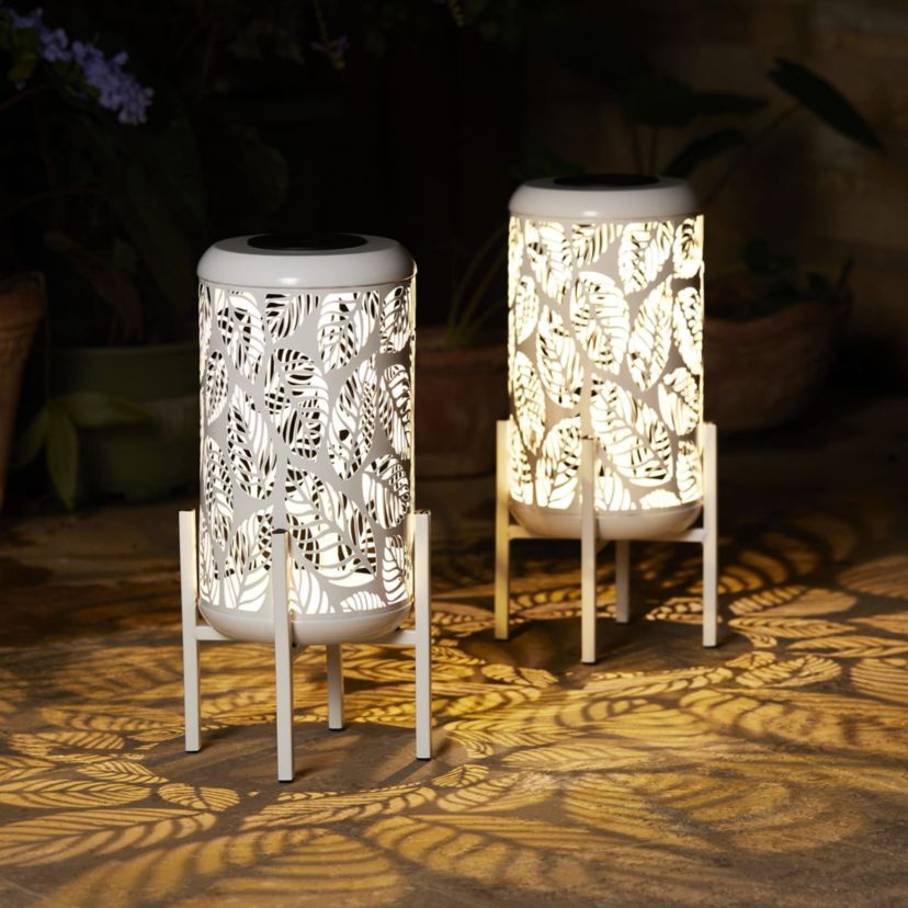 14.25"H White Metal Cutout Leaves Pattern Solar Powered LED Outdoor Lantern with Stand