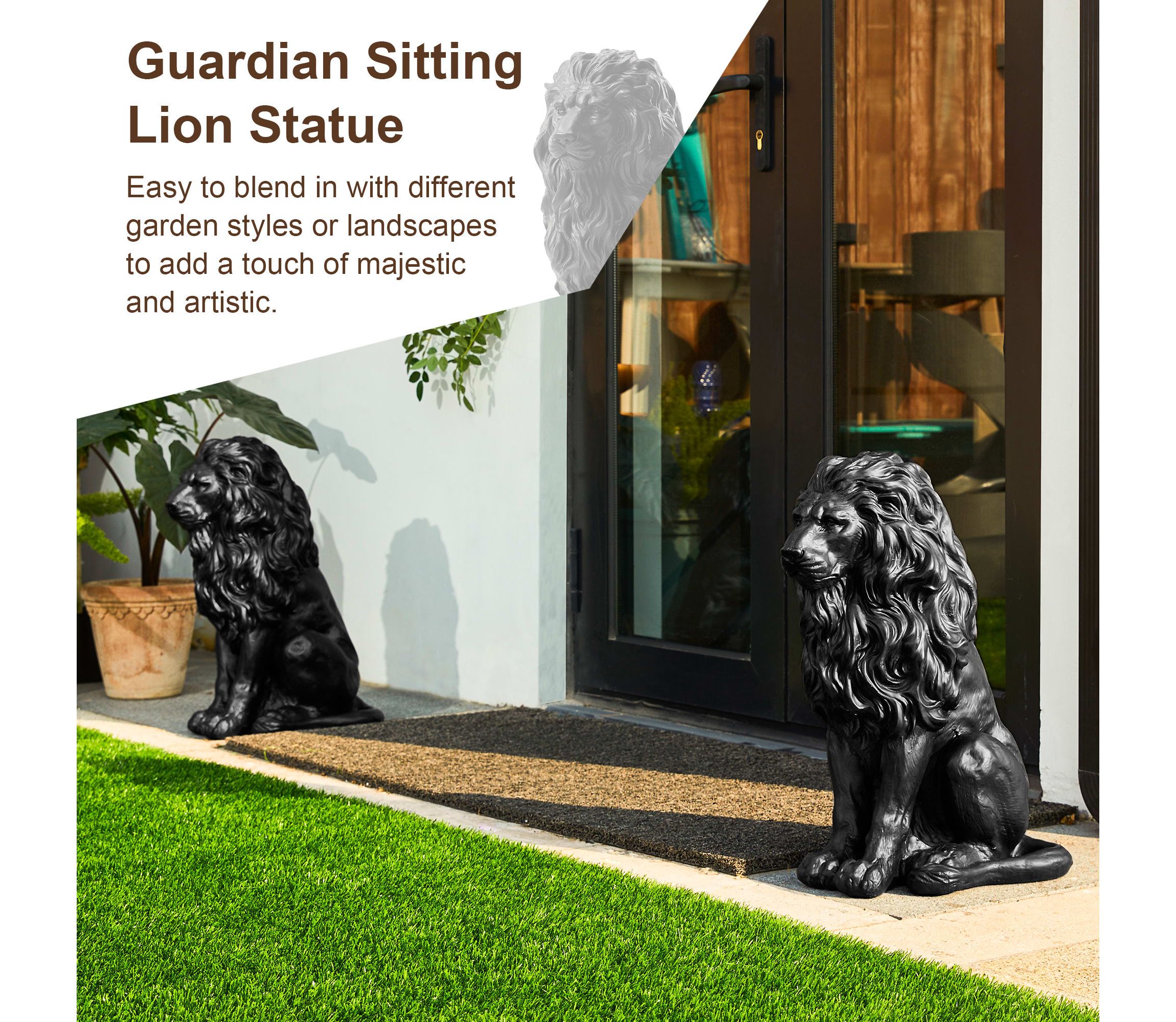 20.75"H MGO Black Sitting Lion Garden Statue
