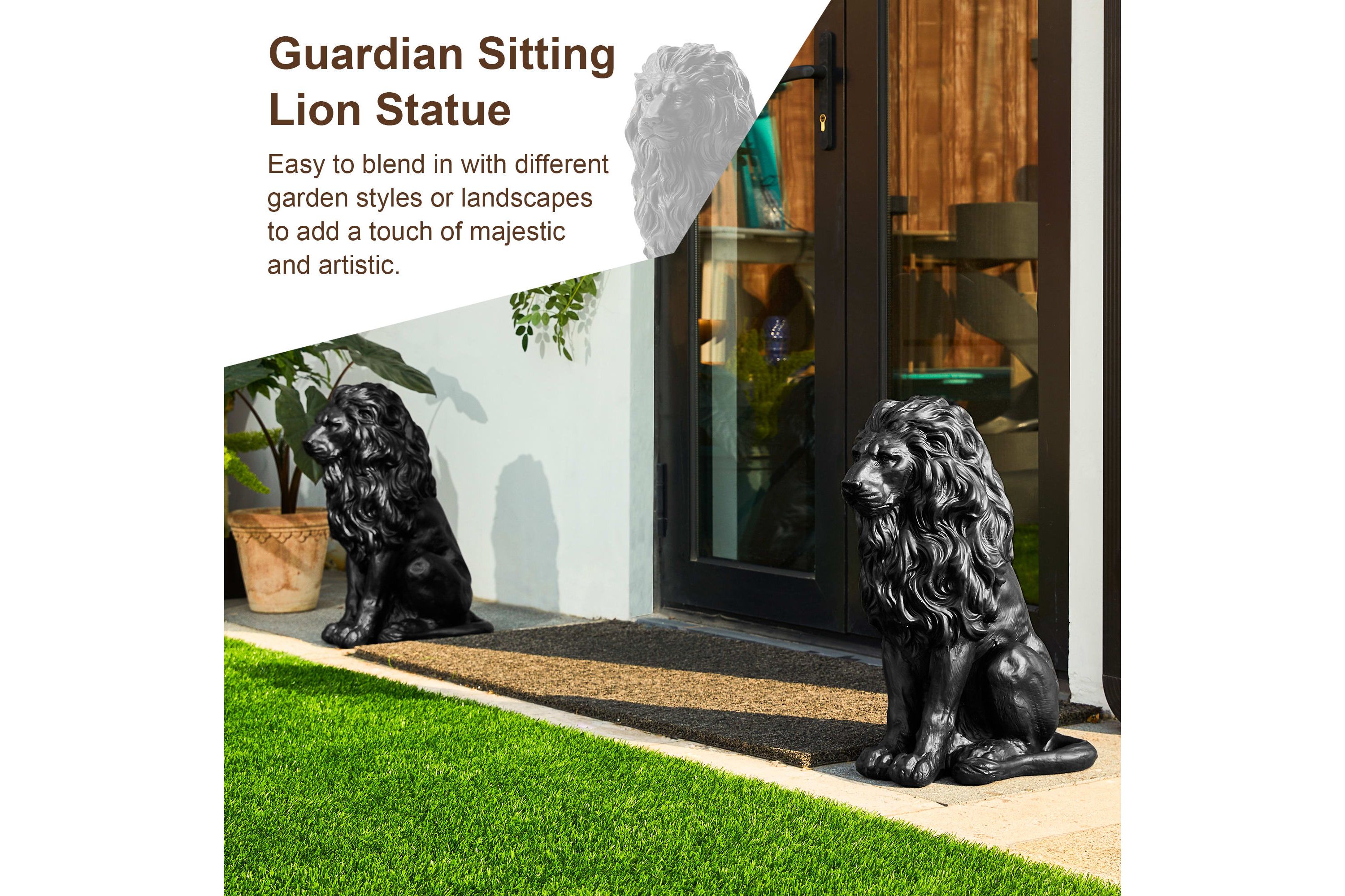 20.75"H MGO Black Sitting Lion Garden Statue