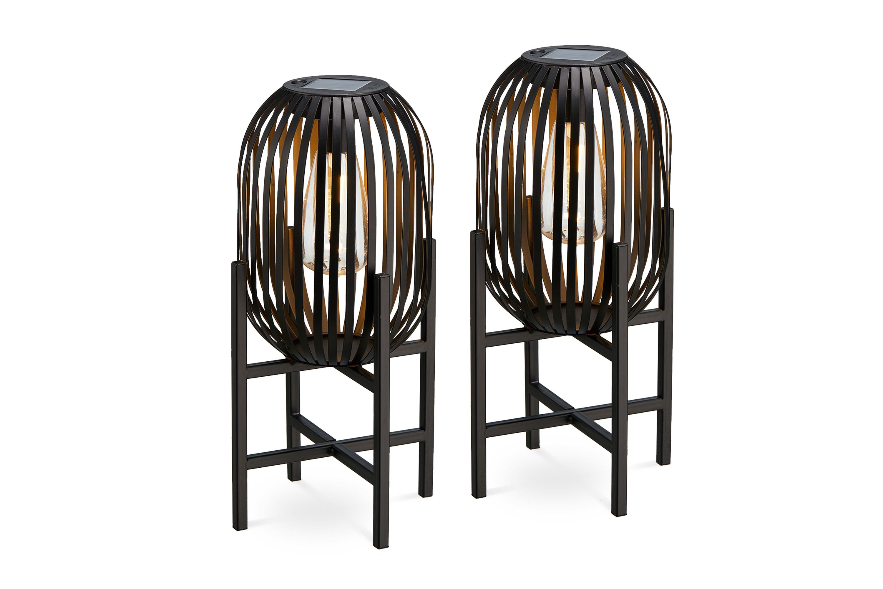 14.25"H Set of 2 Slim-shaped Black Metal Stripes Solar Powered Edison Bulb Slim Outdoor Lantern with Stand
