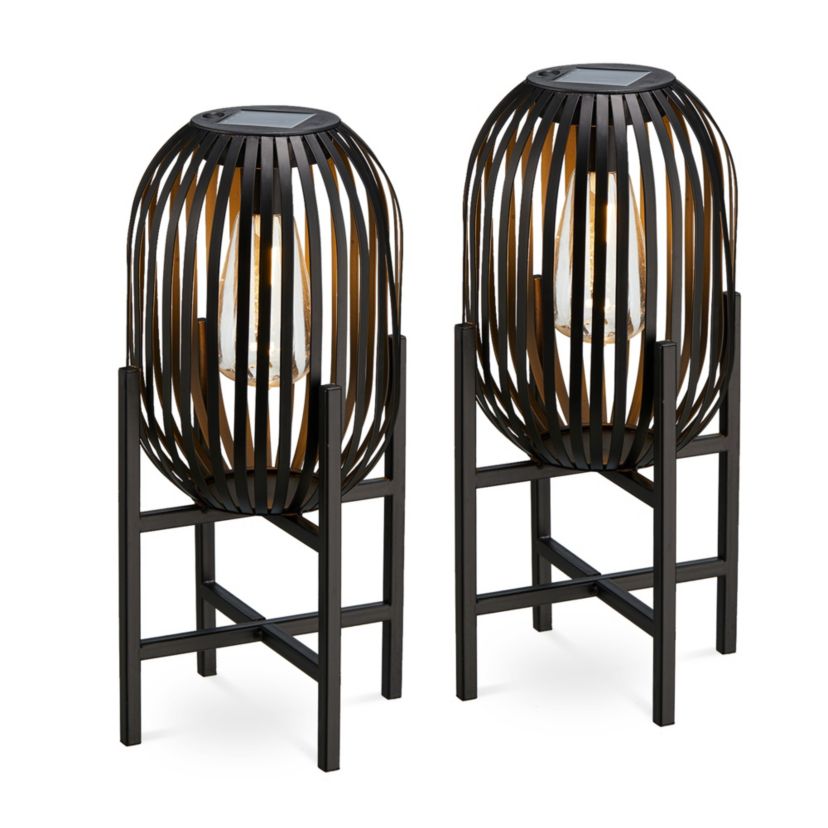 14.25"H Set of 2 Slim-shaped Black Metal Stripes Solar Powered Edison Bulb Slim Outdoor Lantern with Stand