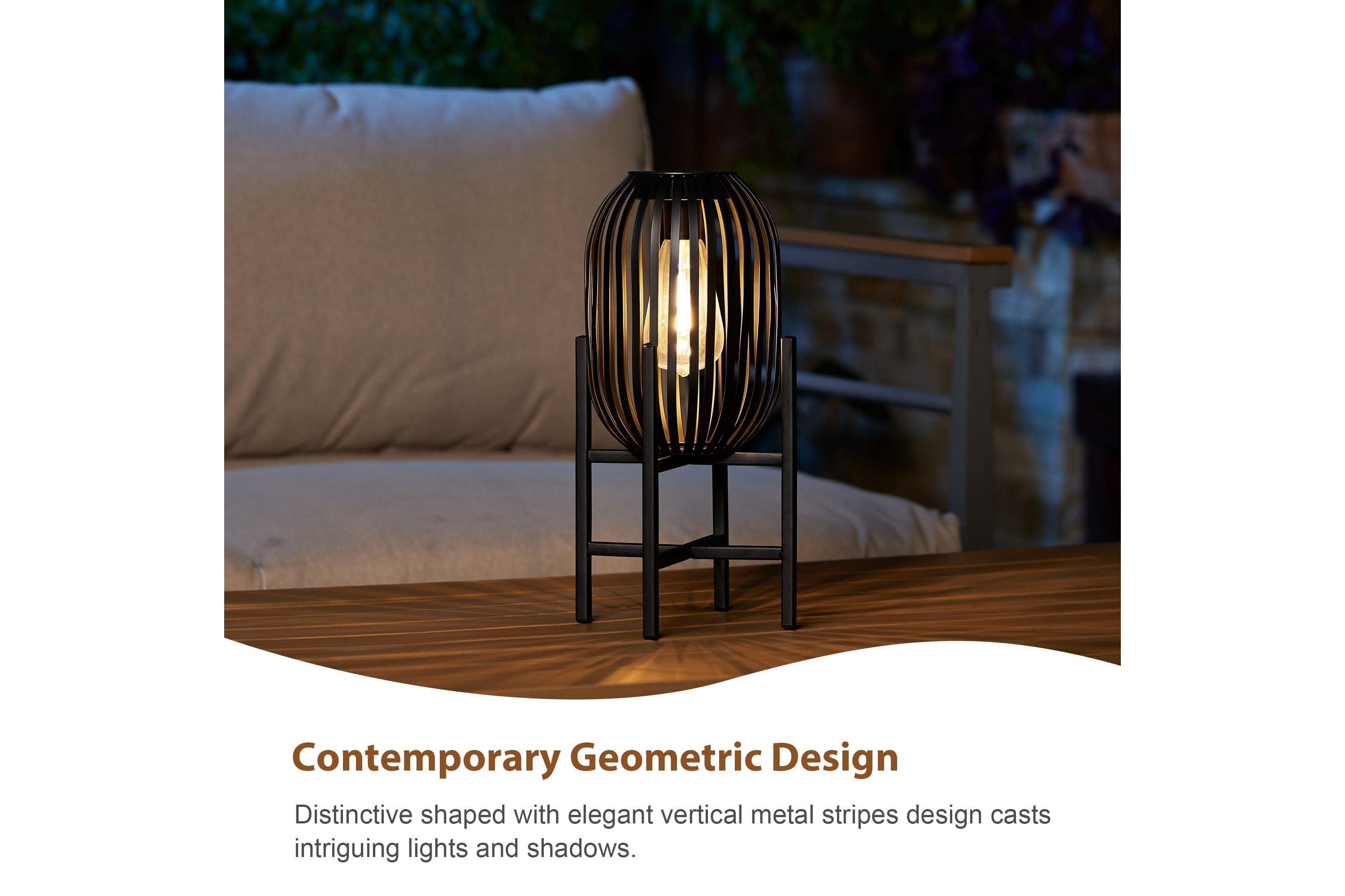 14.25"H Set of 2 Slim-shaped Black Metal Stripes Solar Powered Edison Bulb Slim Outdoor Lantern with Stand