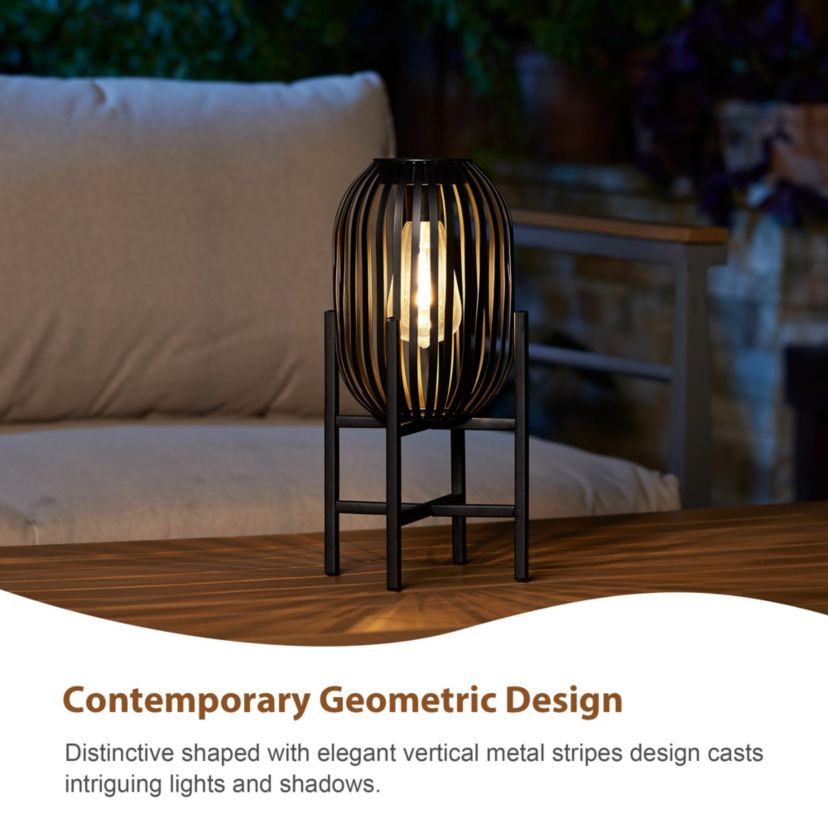 14.25"H Set of 2 Slim-shaped Black Metal Stripes Solar Powered Edison Bulb Slim Outdoor Lantern with Stand