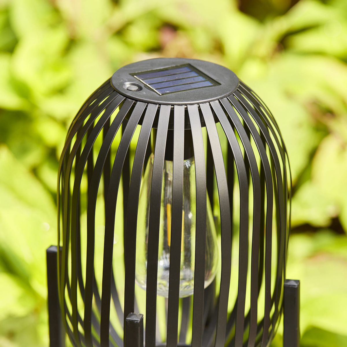 14.25"H Set of 2 Slim-shaped Black Metal Stripes Solar Powered Edison Bulb Slim Outdoor Lantern with Stand