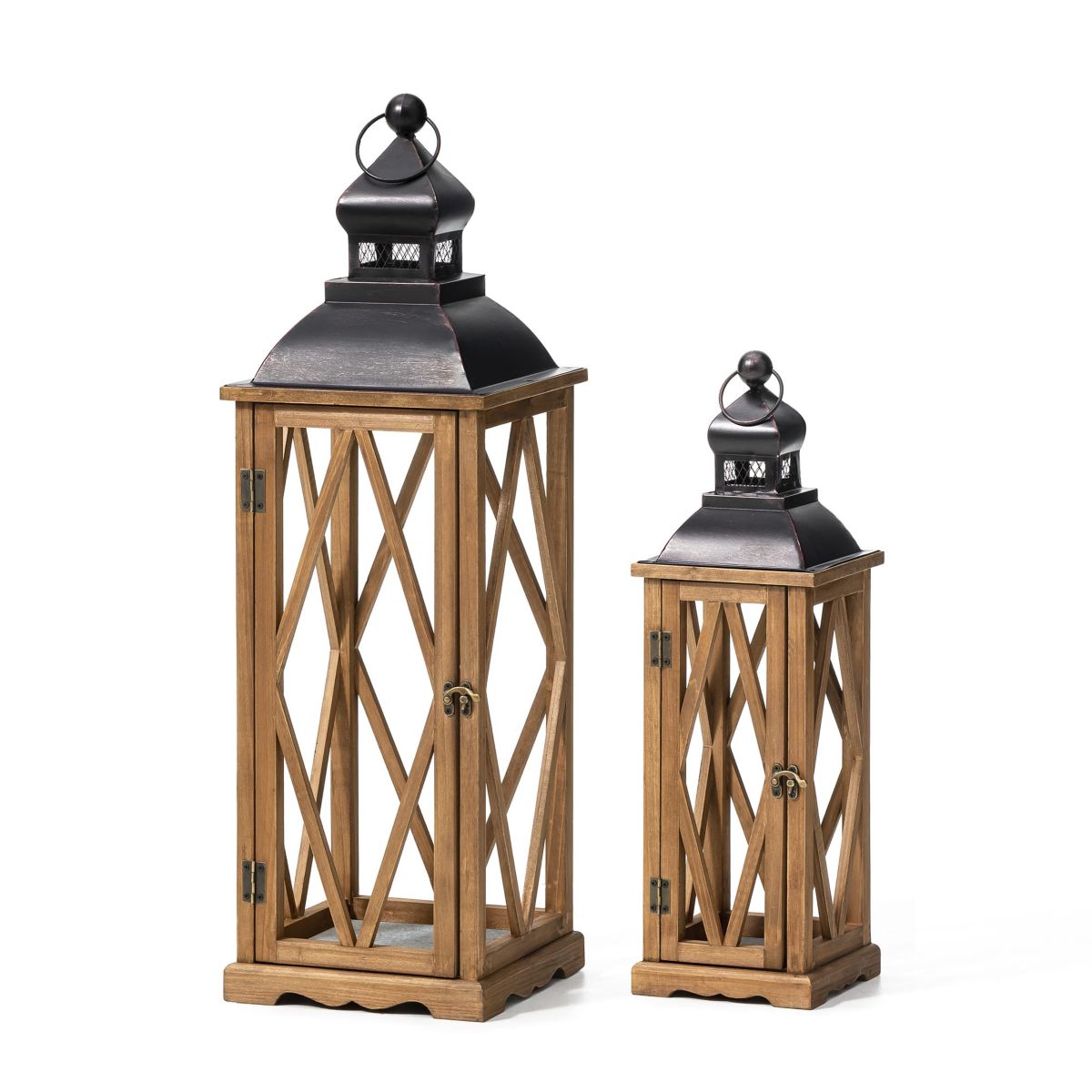 Set of 2 Farmhouse Church Window Wood/Metal Black  LanternsL:9.25L X 9.25W X 27.25HS:7.00L X 7.00W X 19.75H
