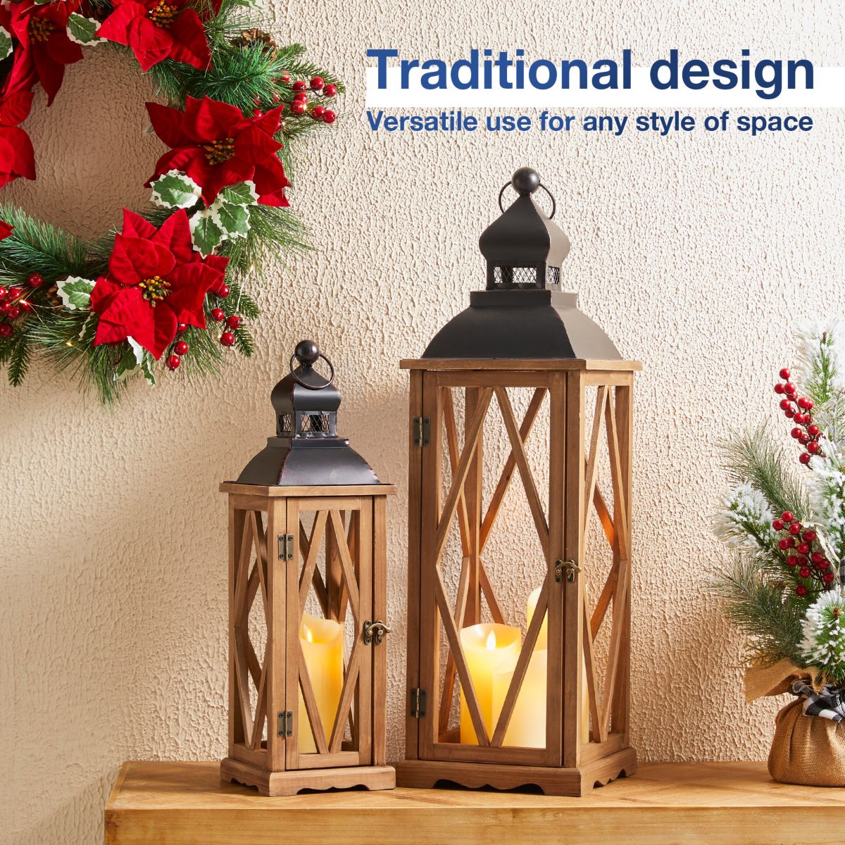 Set of 2 Farmhouse Church Window Wood/Metal Black  LanternsL:9.25L X 9.25W X 27.25HS:7.00L X 7.00W X 19.75H