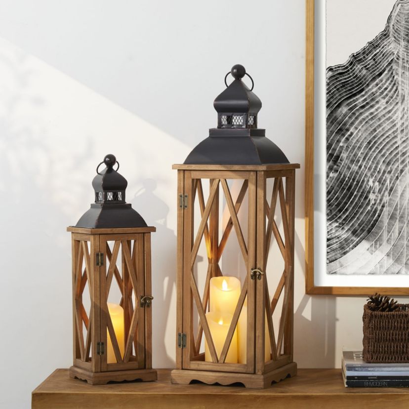 Set of 2 Farmhouse Church Window Wood/Metal Black  LanternsL:9.25L X 9.25W X 27.25HS:7.00L X 7.00W X 19.75H