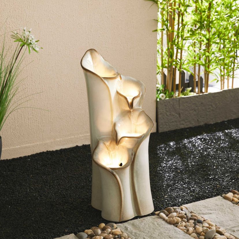 31.25"H 4-Tiered Turquoise Lotus Leaf Textured Ceramic Vase Outdoor Floor Fountain with Pump and LED Light (KD)