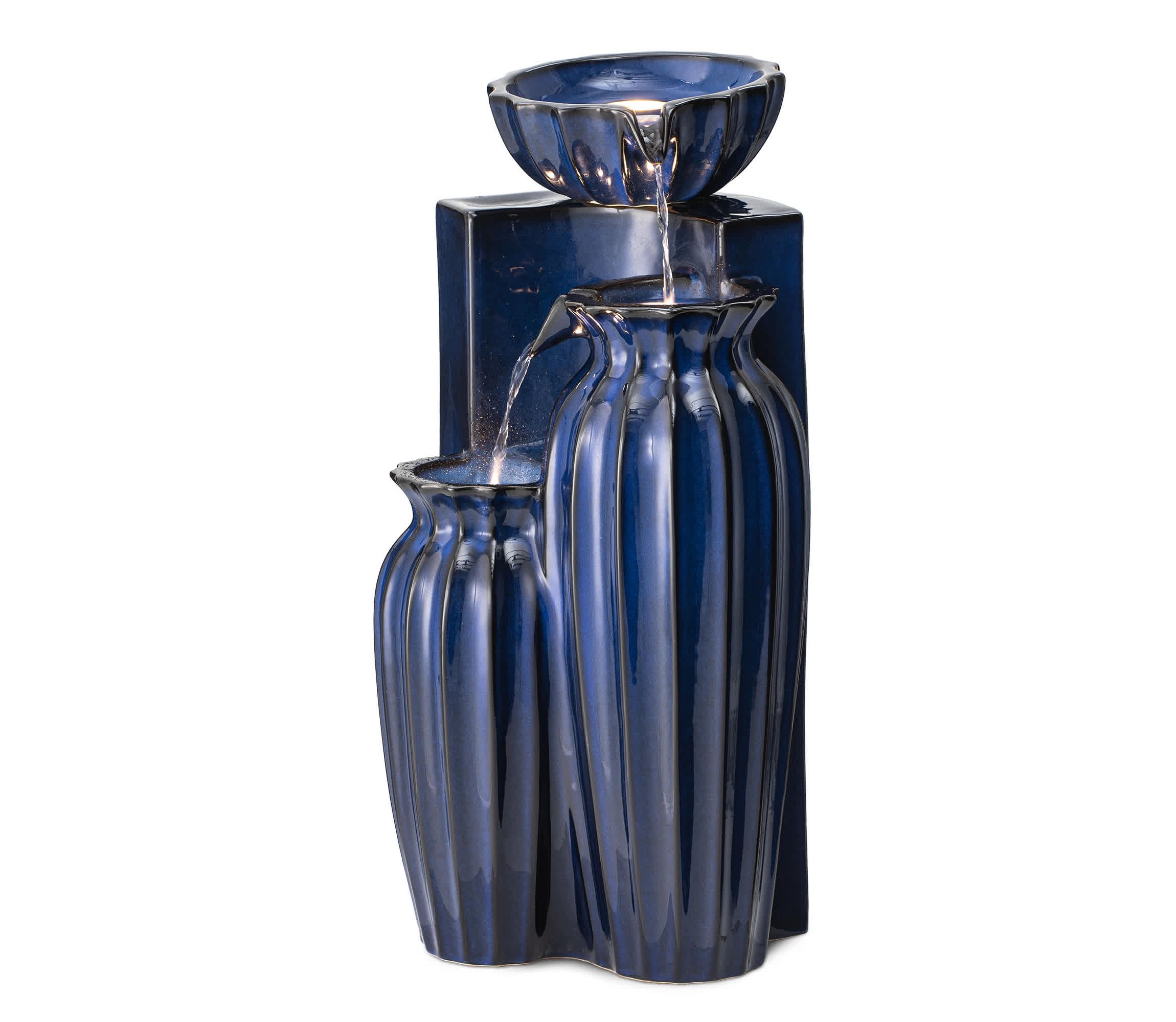 26.75"H 3-Tiered Cobalt Blue Fluted Texture Ceramic Outdoor Floor Fountain with Pump and LED Light (KD)