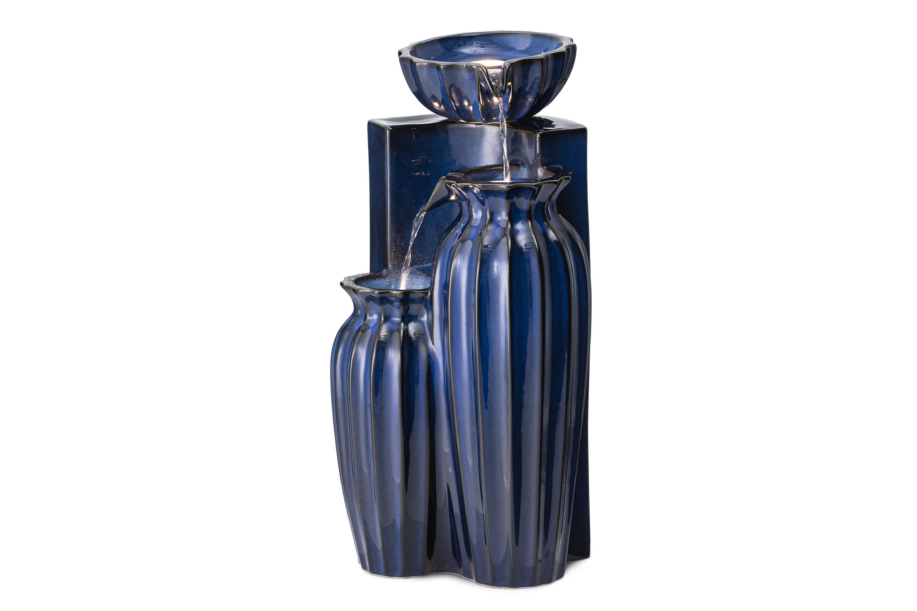 26.75"H 3-Tiered Cobalt Blue Fluted Texture Ceramic Outdoor Floor Fountain with Pump and LED Light (KD)
