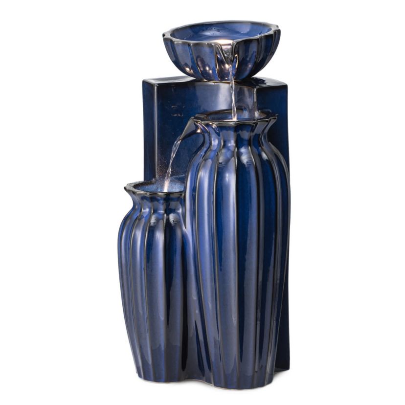 26.75"H 3-Tiered Cobalt Blue Fluted Texture Ceramic Outdoor Floor Fountain with Pump and LED Light (KD)