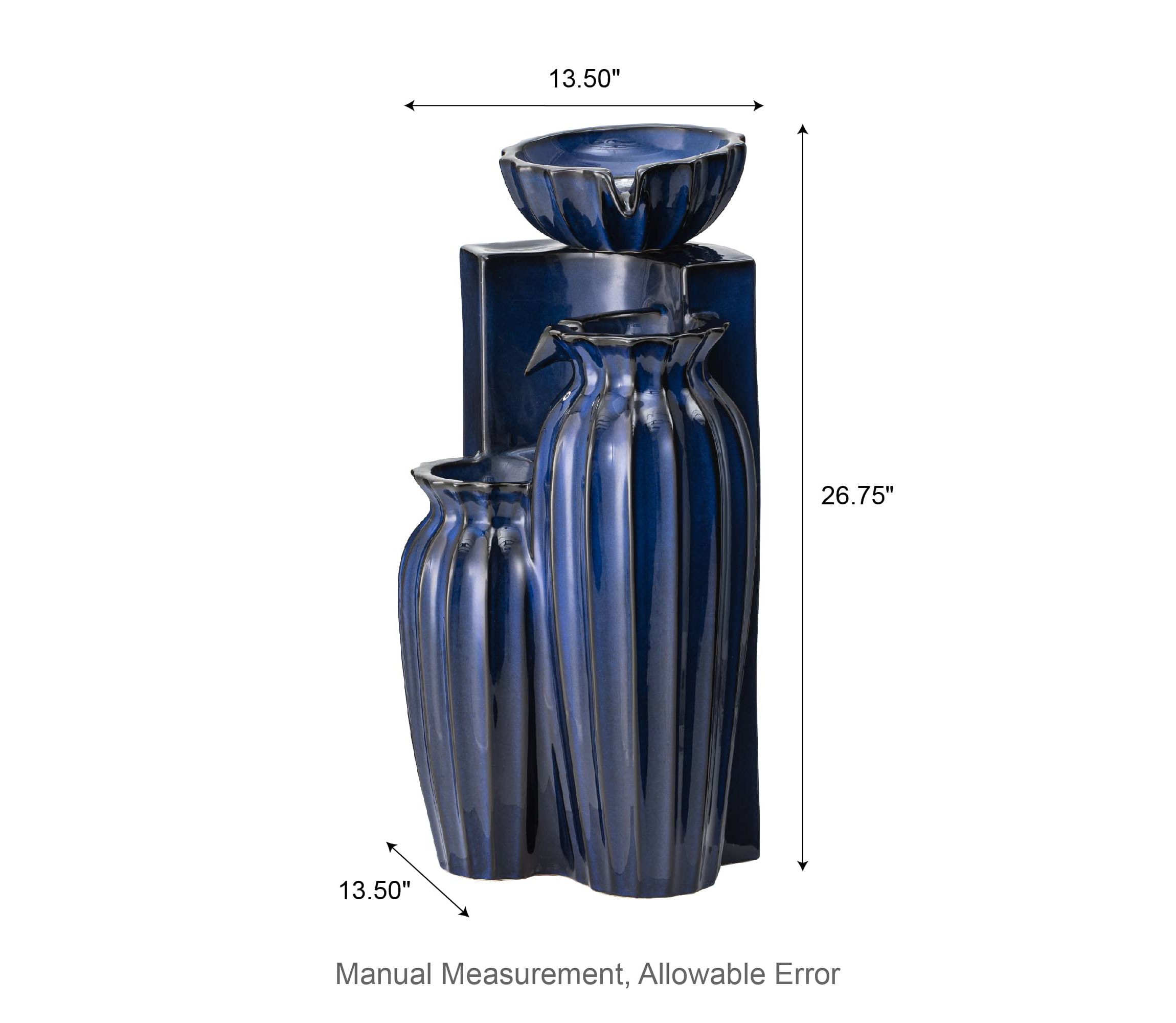 26.75"H 3-Tiered Cobalt Blue Fluted Texture Ceramic Outdoor Floor Fountain with Pump and LED Light (KD)